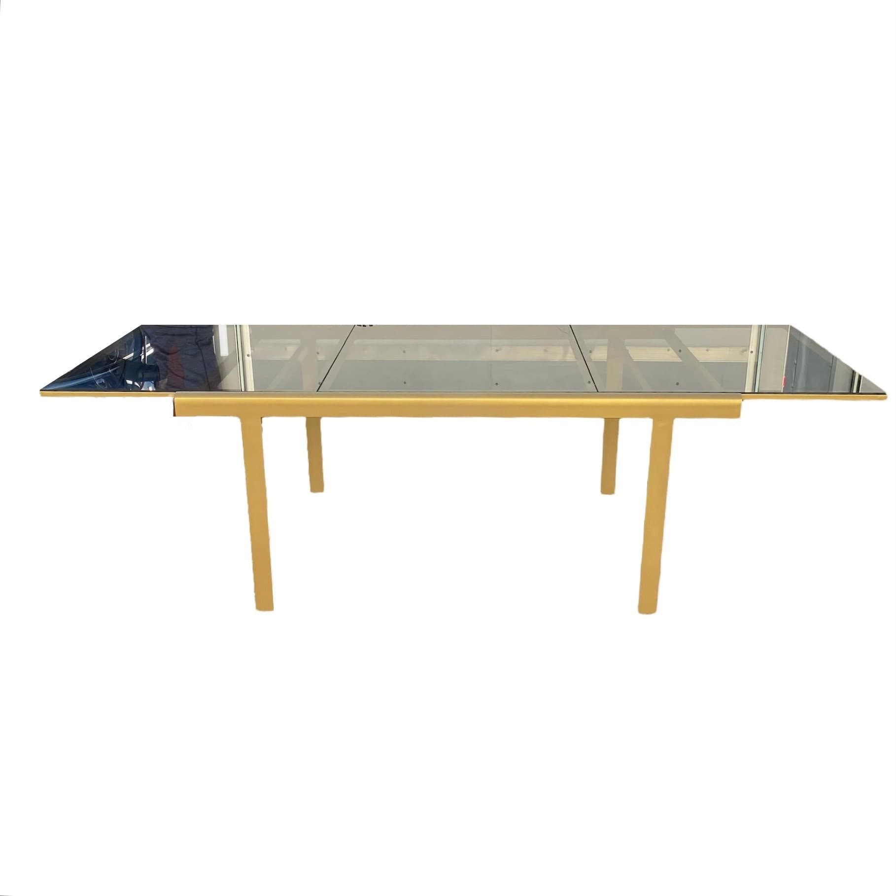 Mid-Century Modern Expanding Dining Table in Brass Gold Steel and Smoked Glass Top - Leaf Insert Extends 66" to 98" Long - MCM Milo Baughman