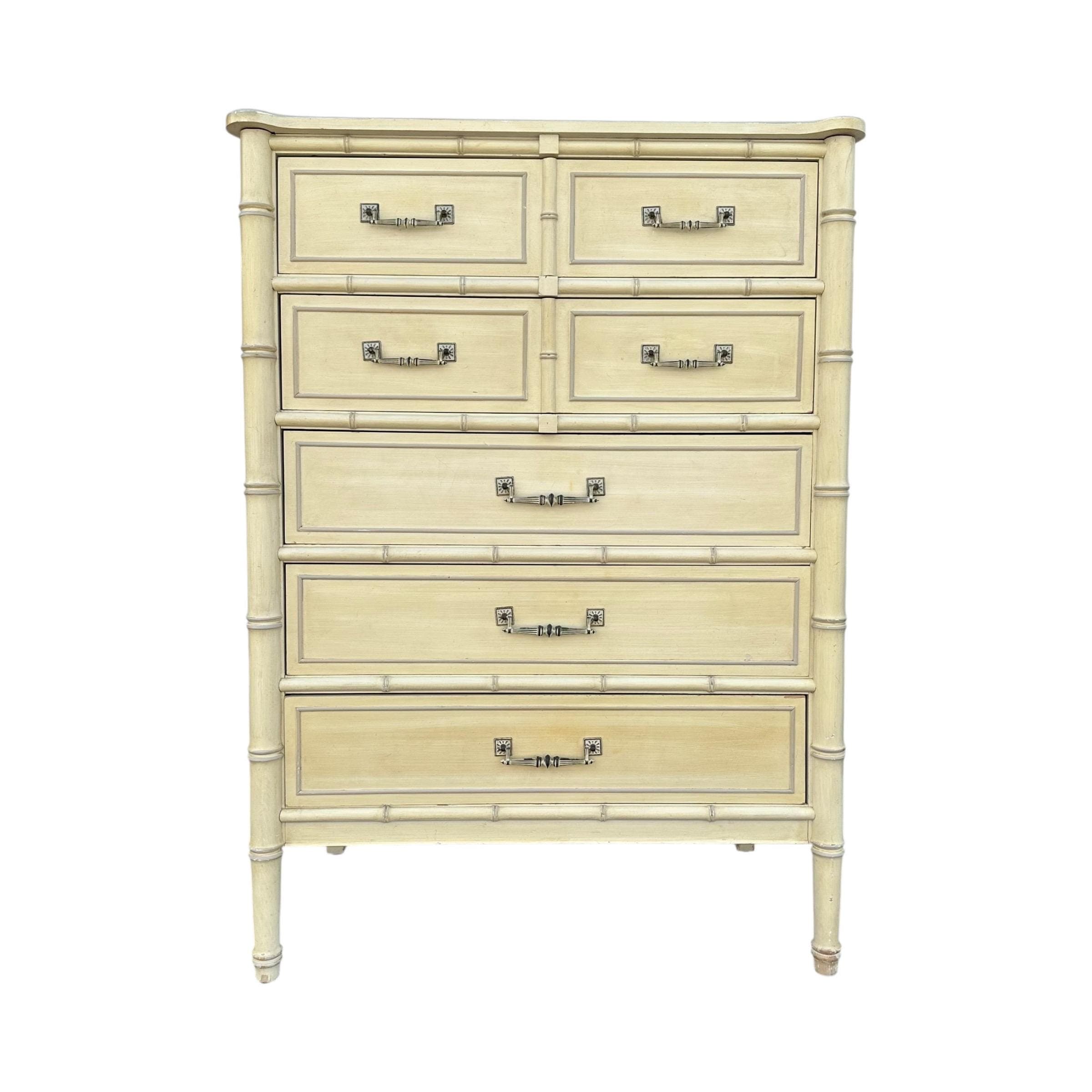 Vintage Henry Link Tallboy Dresser - Creamy White, Faux Bamboo, Hollywood Regency Style - Image 1