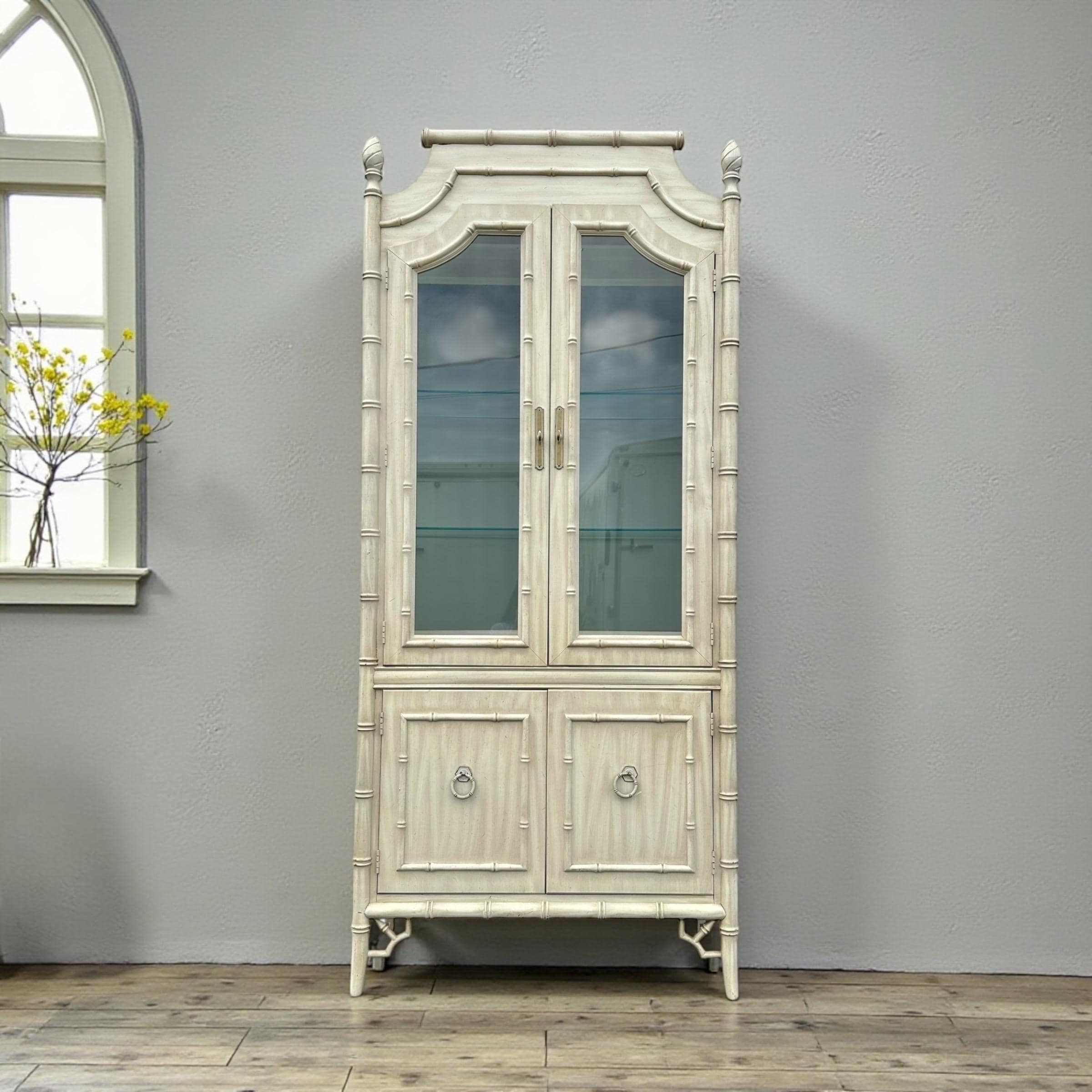 Faux Bamboo China Cabinet by Thomasville Allegro - 1970s Vintage Illuminated White Wash Chinoiserie Hollywood Regency Coastal Display