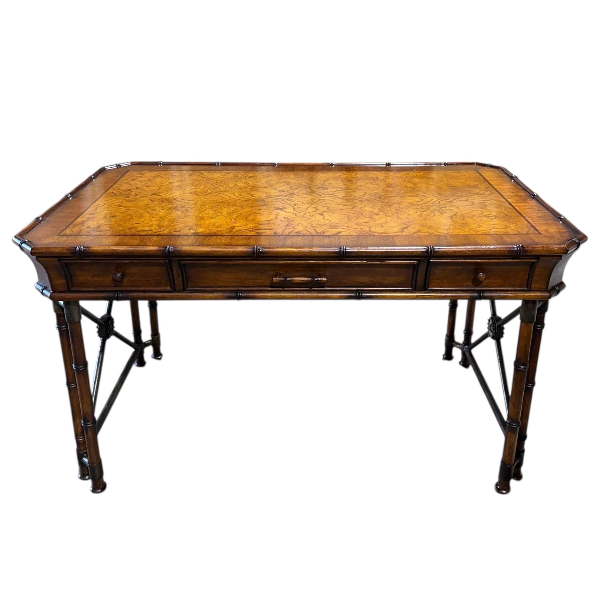 Faux Bamboo Desk by Hooker Furniture - Chinoiserie Burl Wood & Iron Writing Table Hollywood Regency Coastal Office Furniture