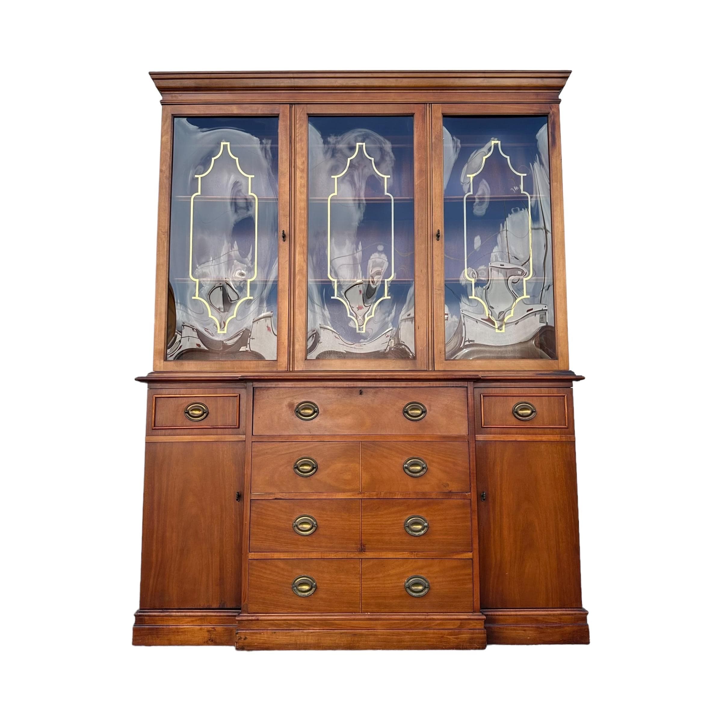 Vintage Cabinet with Gold Pagoda Bubble Glass Doors & Skeleton Key - Georgian Style Wood Butler’s Hutch Breakfront China Domed Display Case - Image 1