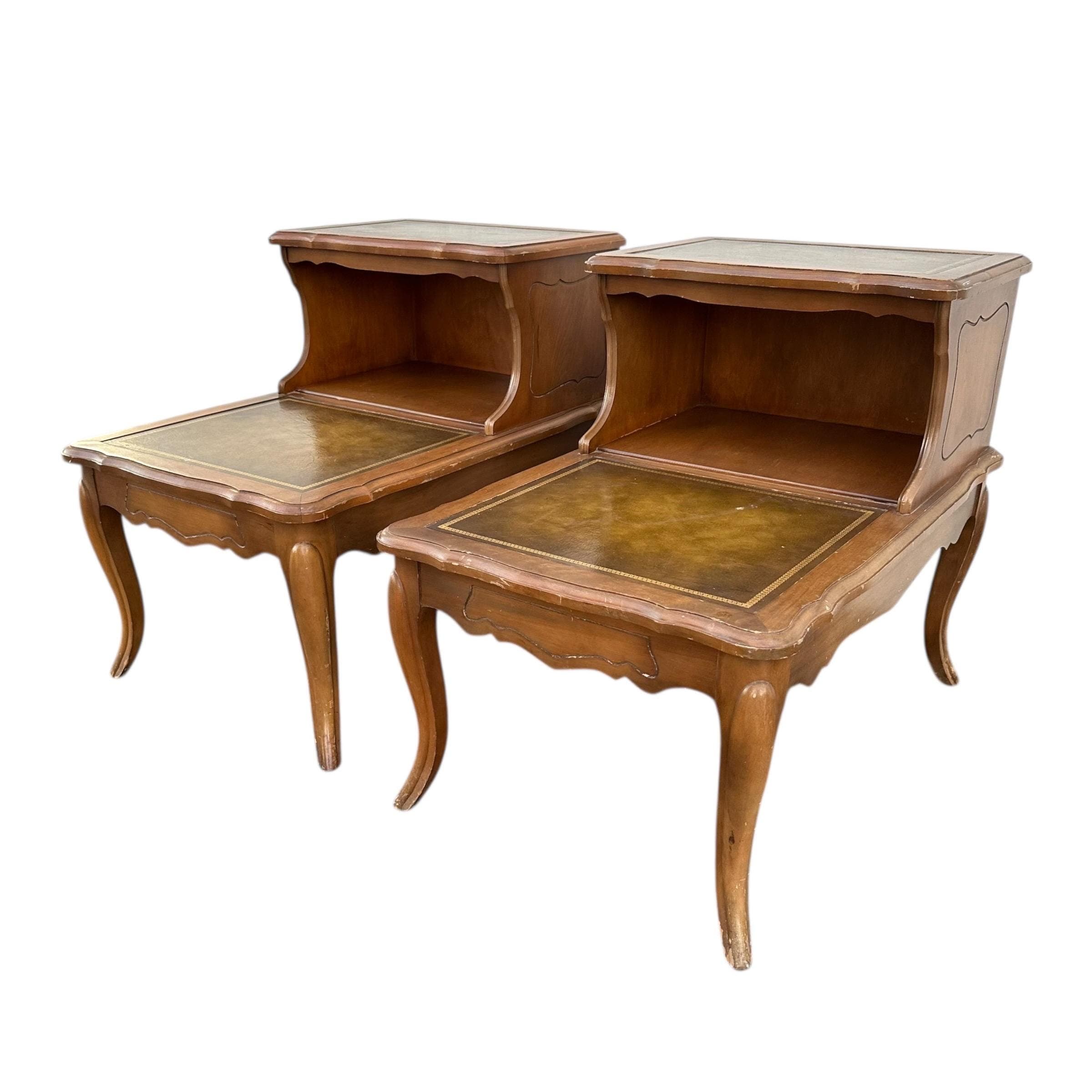 Vintage French Provincial Two Tier Nightstands - Pair of Open Shelf Leather Top Wood Bedside Tables