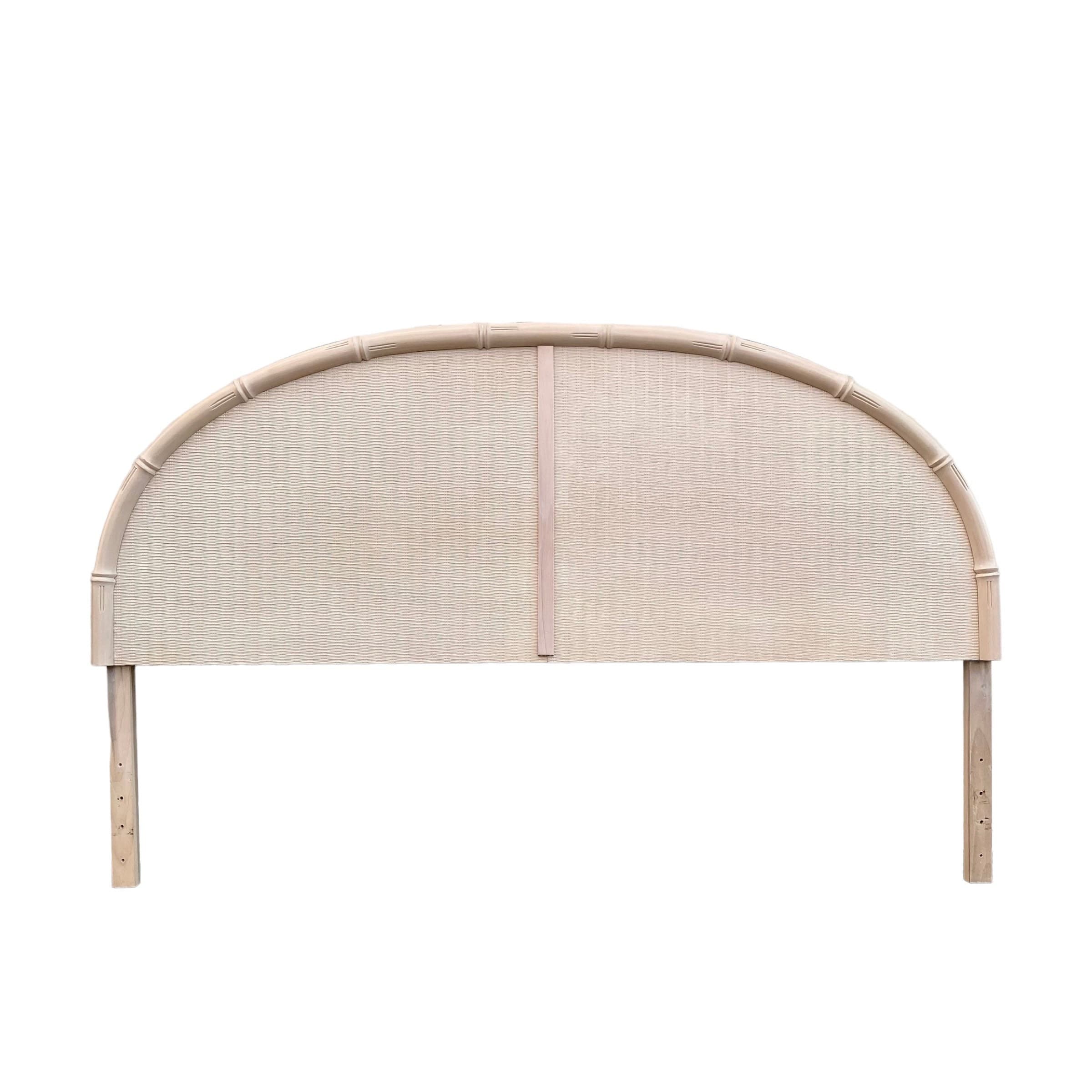 Vintage King Headboard with Faux Bamboo & Rattan - White Wash Wood Half Moon Style Coastal Bedroom Furniture - Image 1