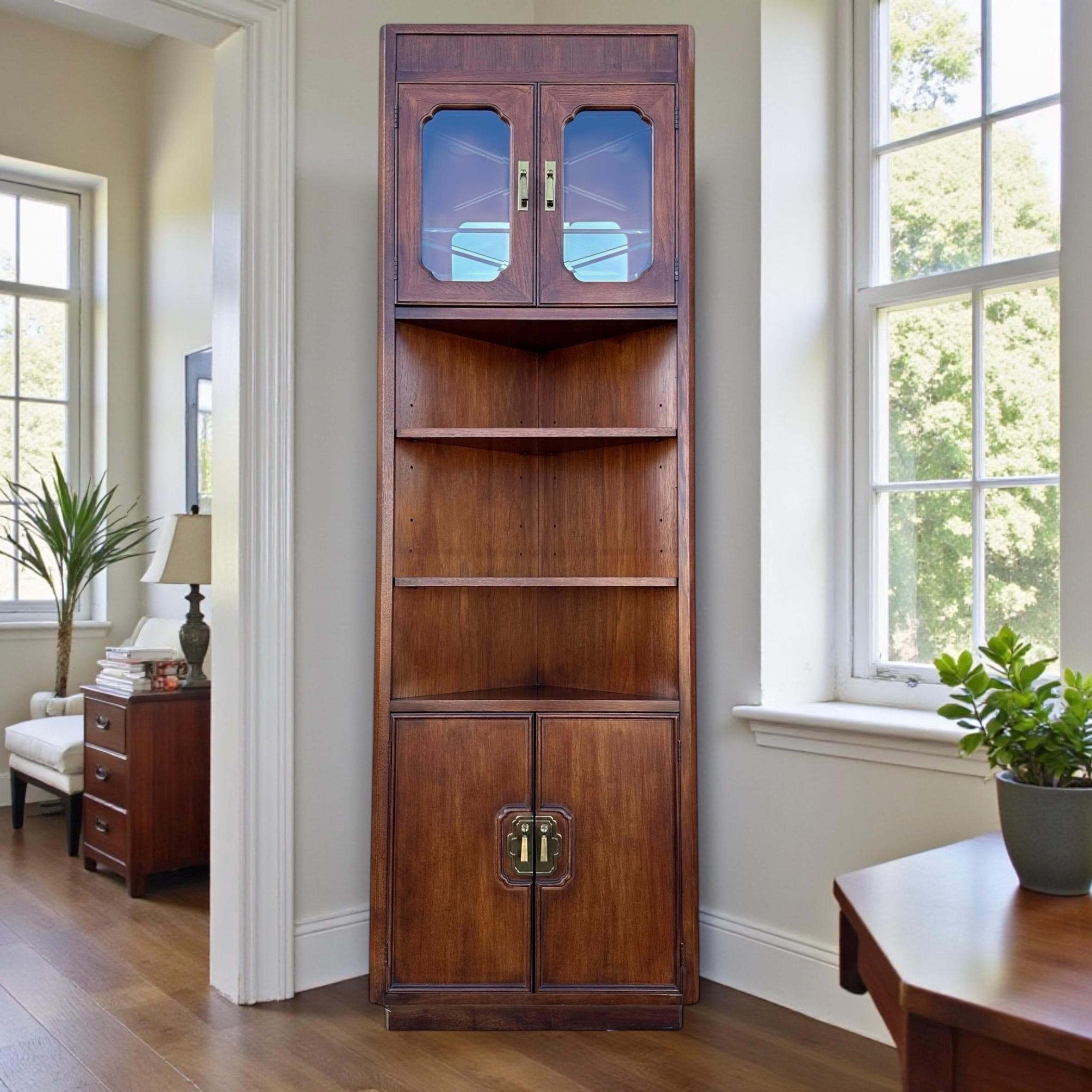 Lighted Corner Cabinet 79” Tall by Thomasville Mystique - Vintage Wood, Mirror Glass & Brass Display Case - Chinoiserie Asian Style Shelf