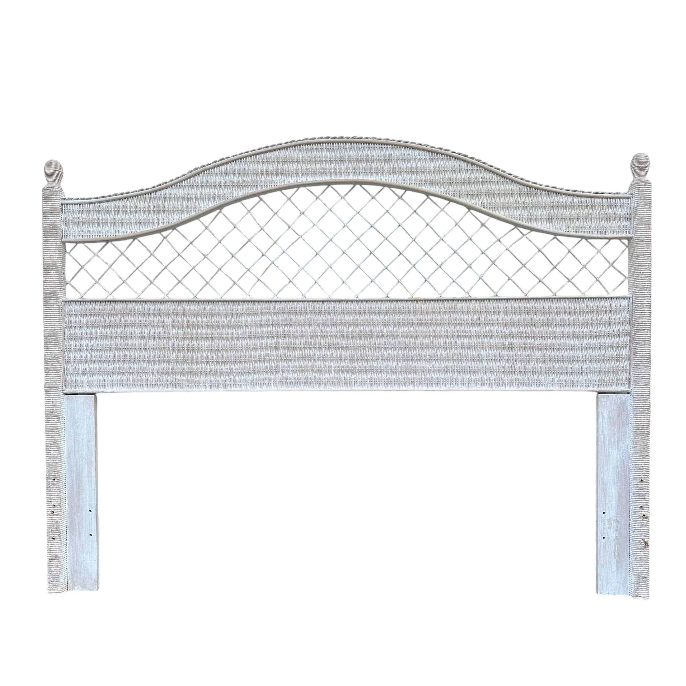 SOLD Rattan Queen Headboard by Henry Link Wicker - Vintage White Wash Full Coastal Boho Chic Hollywood Regency Style Bedroom Furniture