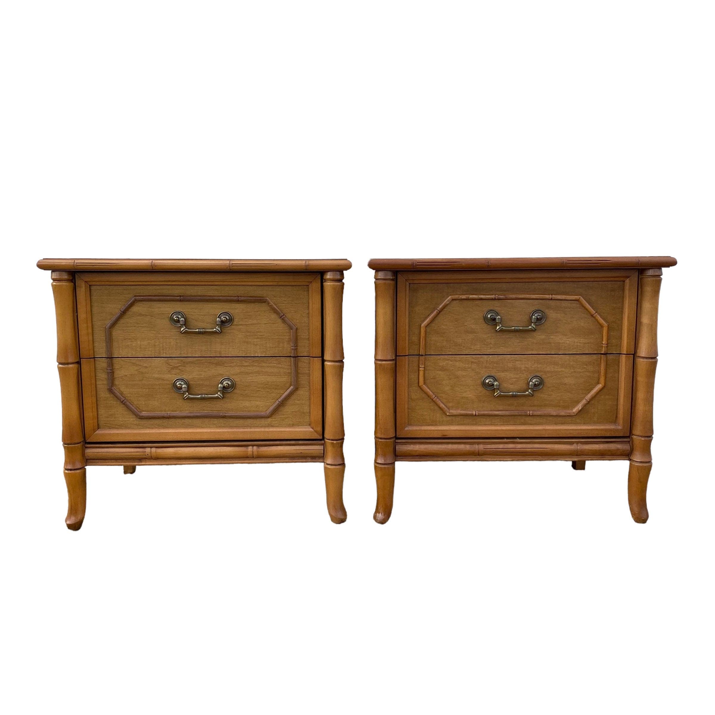 Set of 2 Vintage Faux Bamboo Nightstands - Brown Wooden Broyhill Hollywood Regency Coastal Furniture