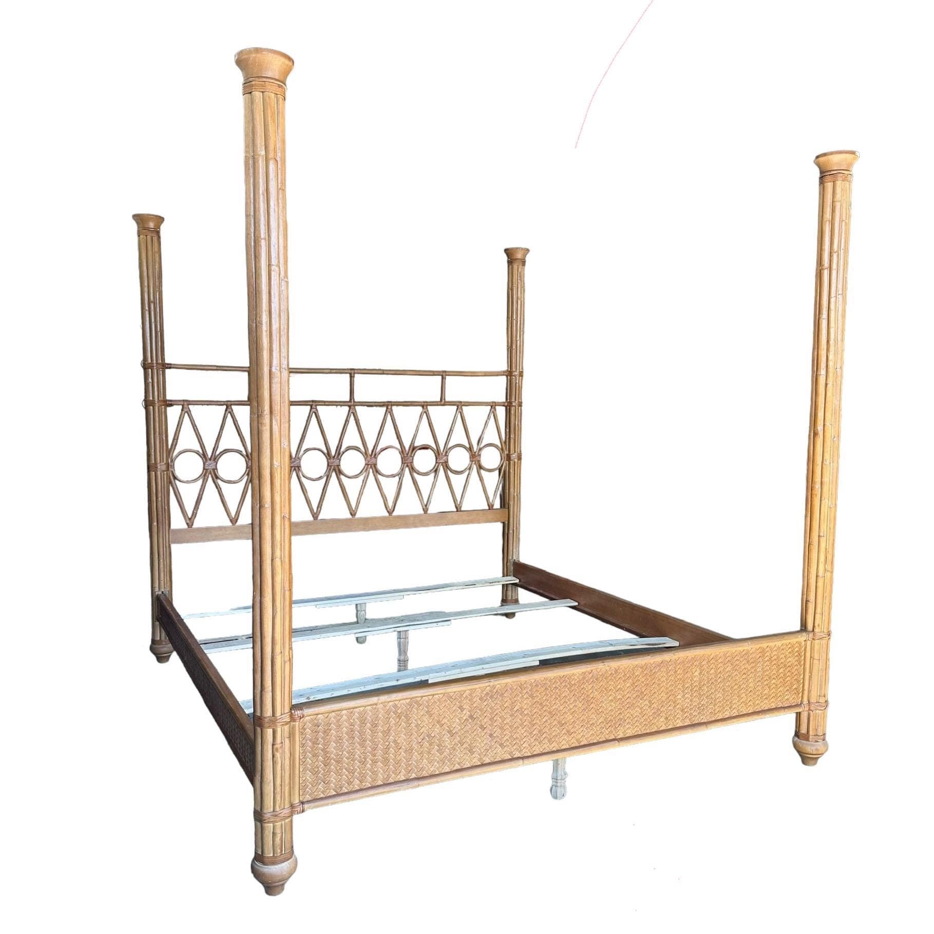 Rattan King Bed with Bamboo Wood Posts - 4 Poster Headboard & Footboard Coastal Chippendale Hollywood Regency Tommy Bahama Style Furniture