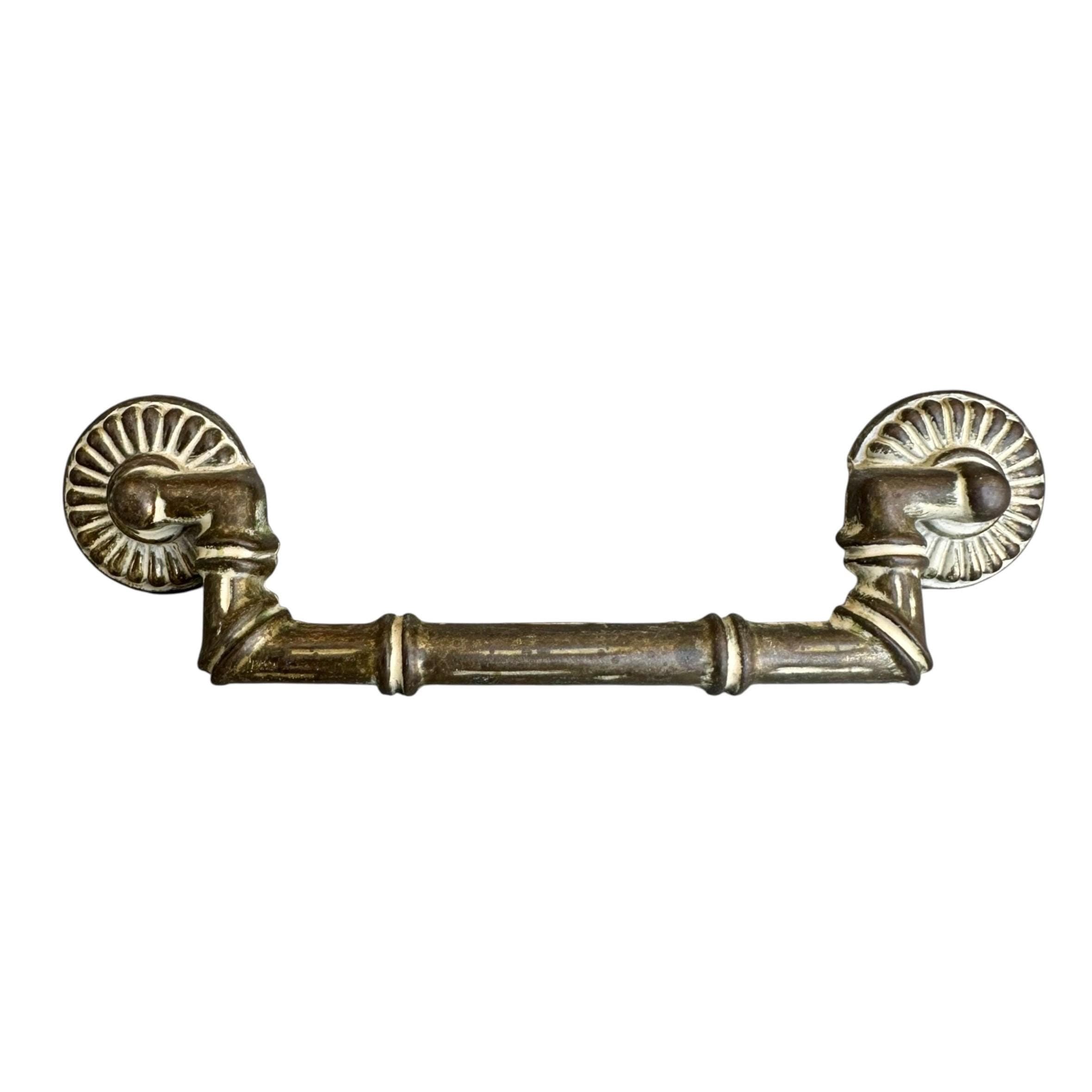 Vintage Faux Bamboo Drawer Pull: Brassy White Metal, 4.75" Center, Mid-Century Style - Image 1
