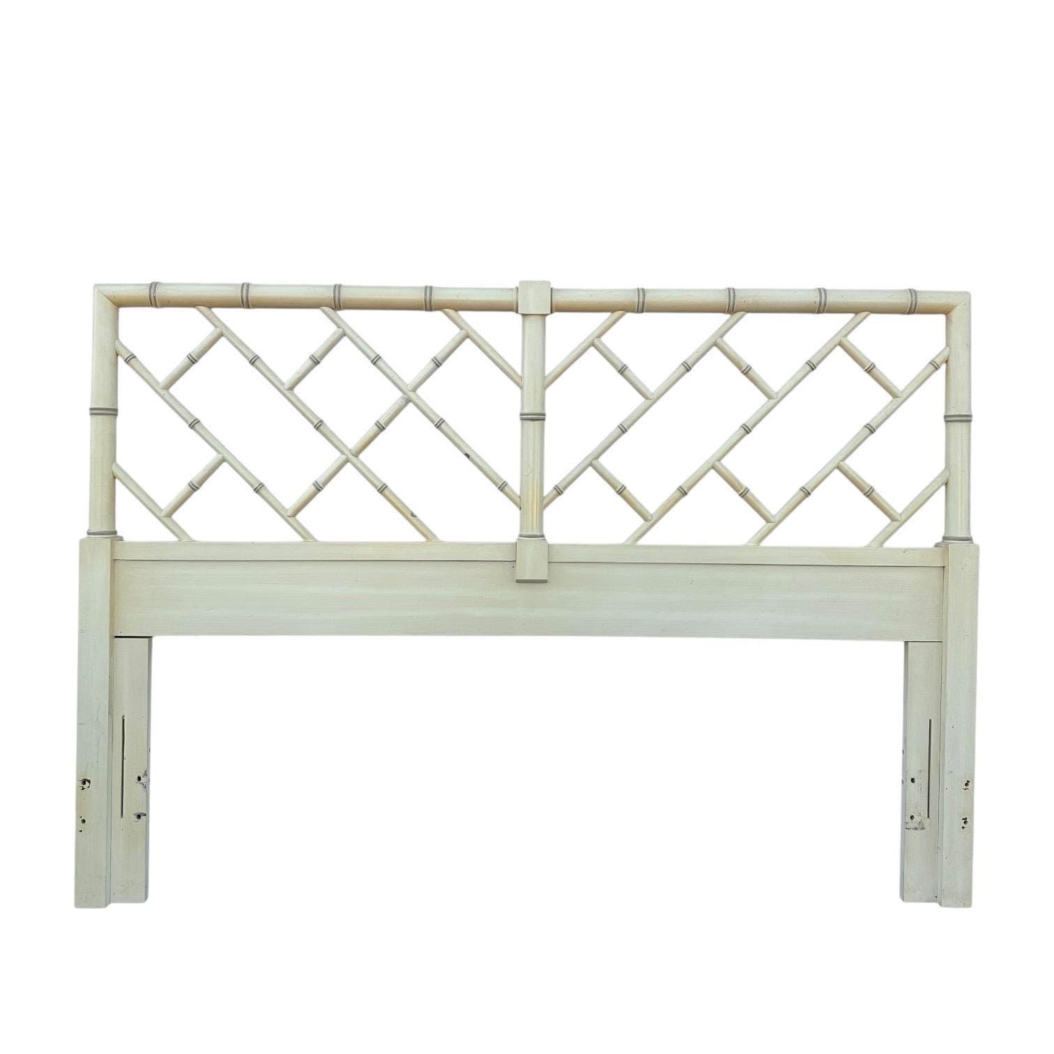 SOLD Chinese Chippendale Queen Headboard by Henry Link Bali Hai - Vintage Creamy White Faux Bamboo Fretwork Full Chinoiserie Coastal