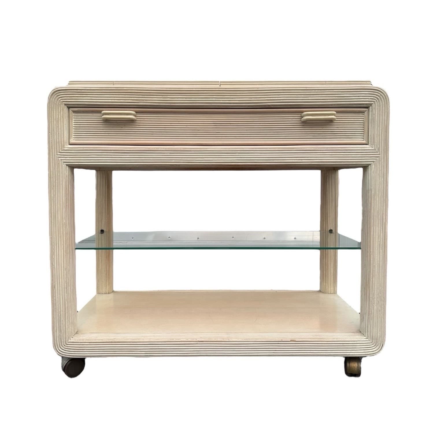 Pencil Reed Server by American Drew with Expanding Table Top & White Wash Wood - Vintage Hollywood Regency Coastal Rattan Rolling Bar Cart - Image 1