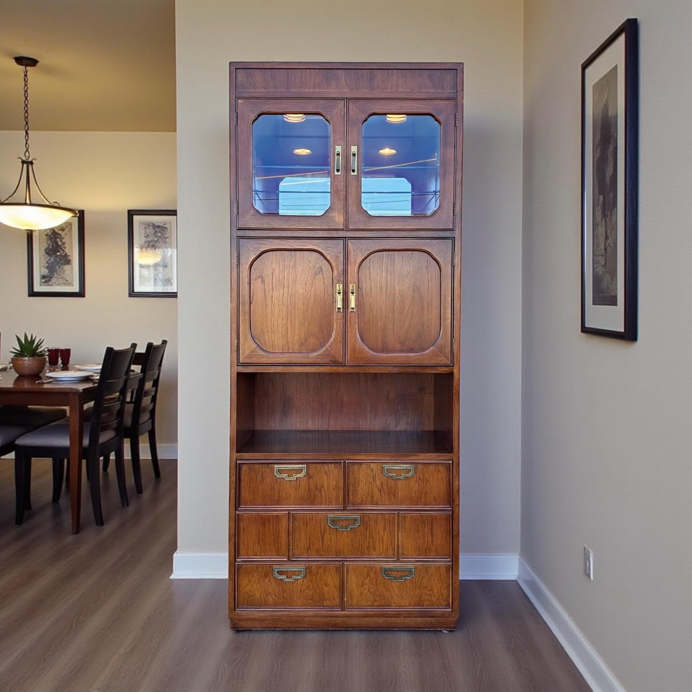 Lighted Bar Cabinet by Thomasville Mystique- Vintage Chinoiserie Asian Style Wood, Mirror Glass & Brass Storage Case, Drawers, Display Shelf