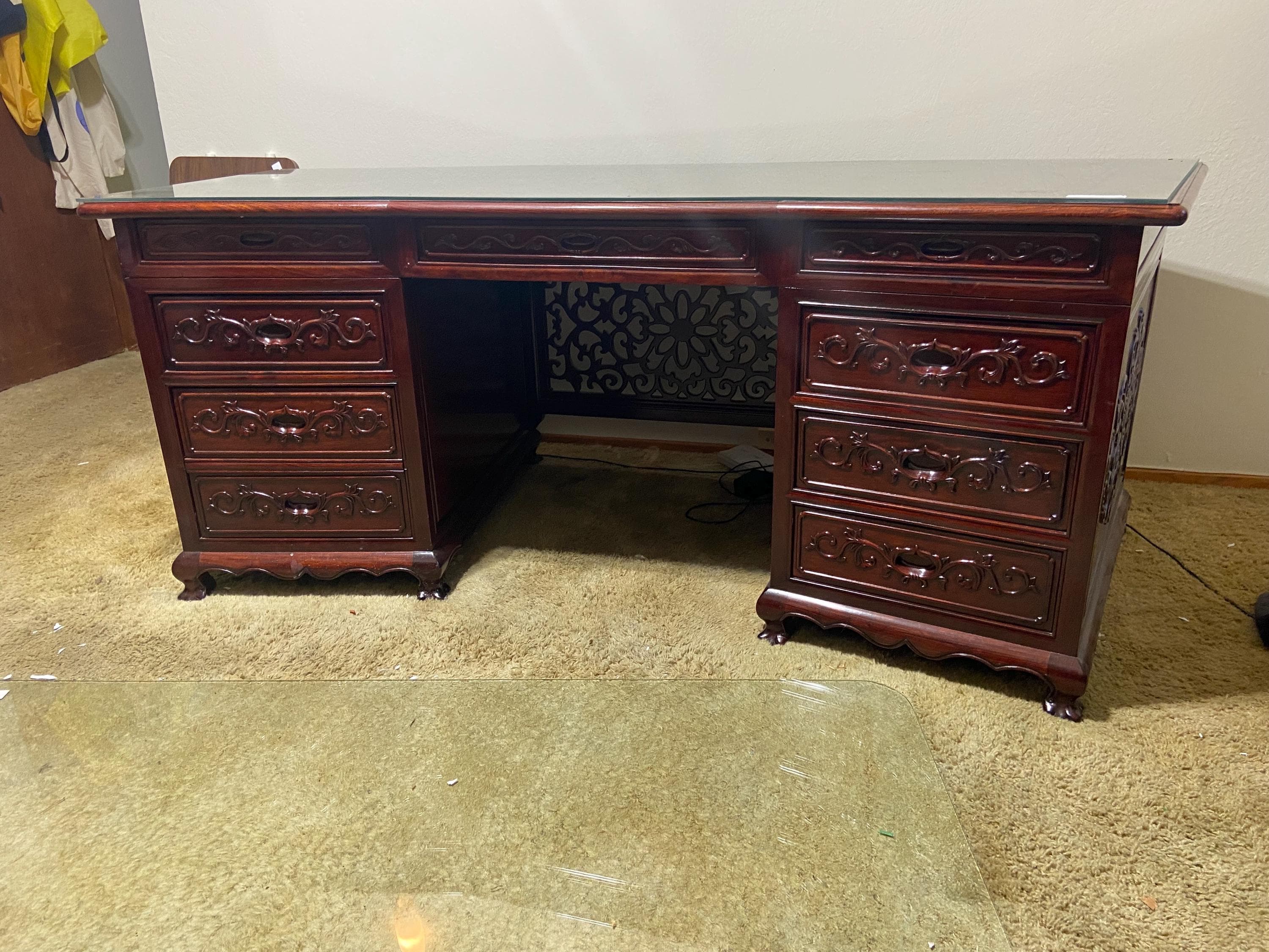 vintage mid century modern Chinese oriental rosewood executive desk - Image 1