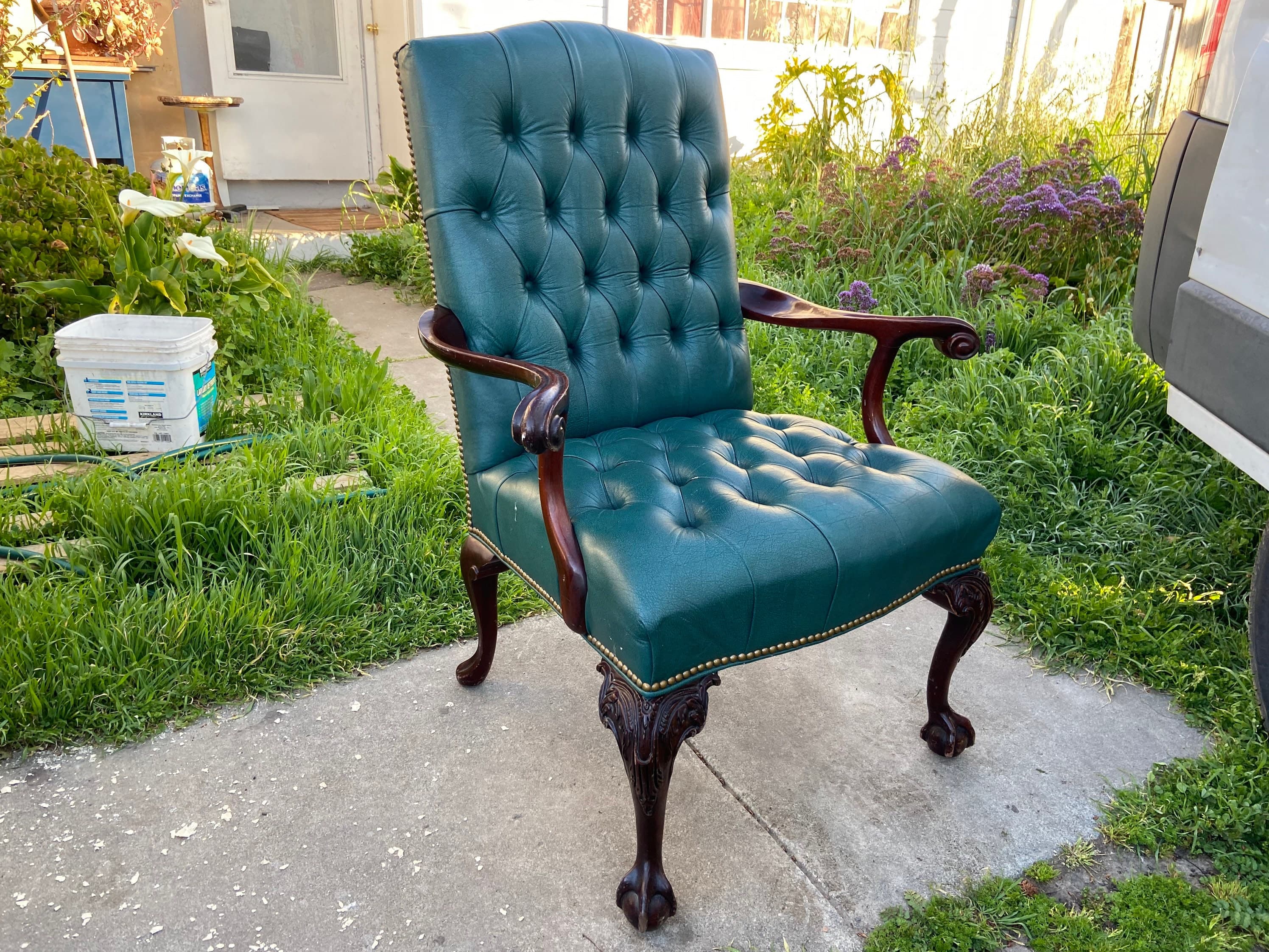 Vintage claw foot faux tufted leather high back arm chair - Image 1