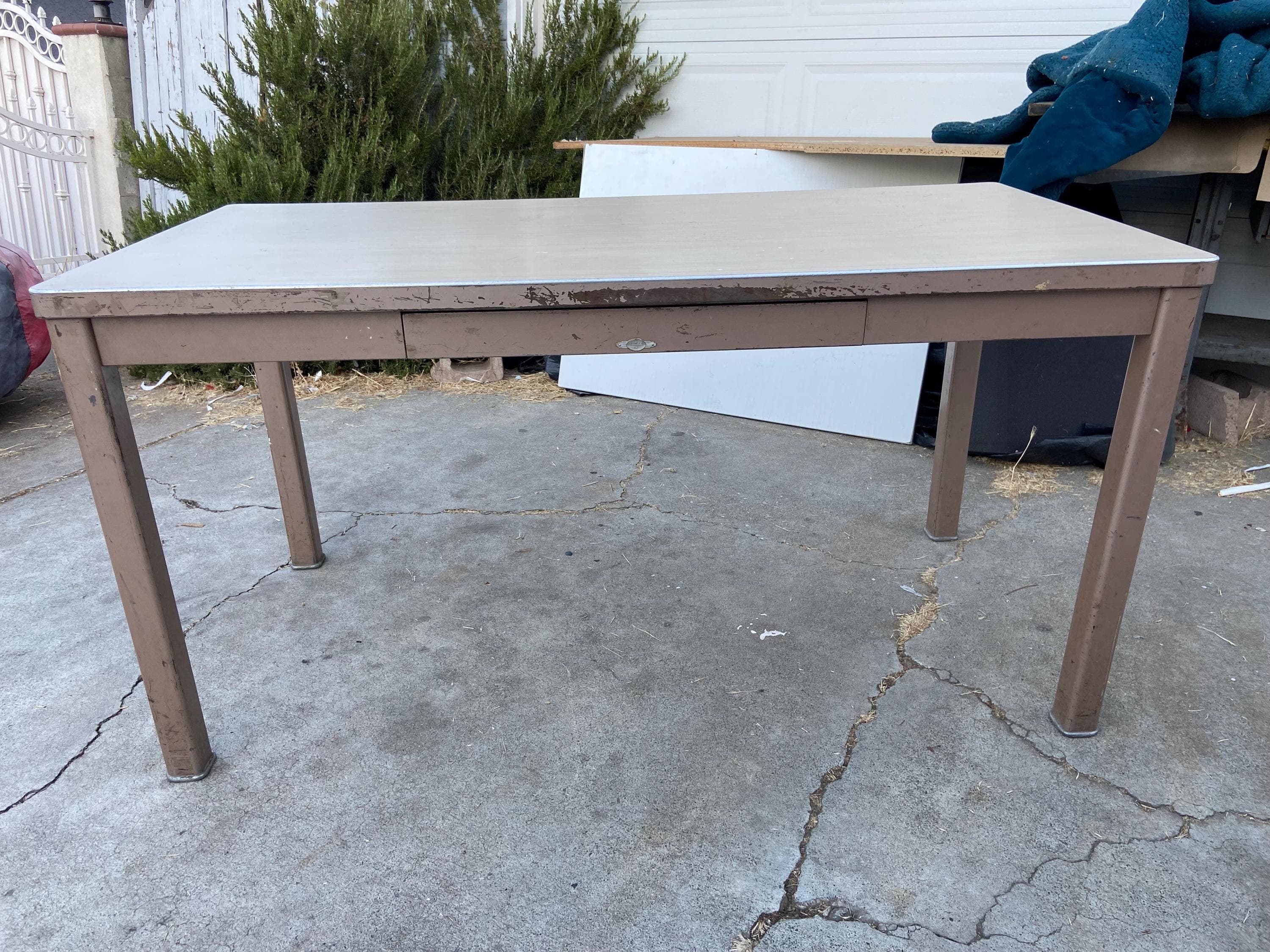 vintage art metal mid century modern tanker desk shop table - Image 1