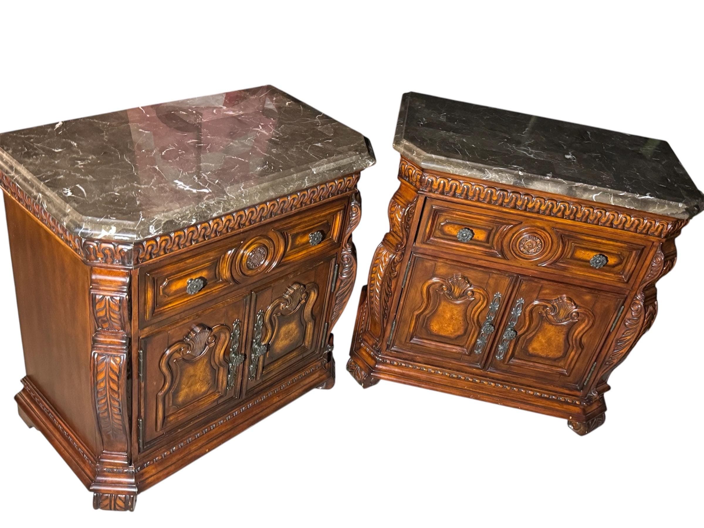 Pair of Ornate Acme Furniture Nightstands – Genuine Marble Tops & Hand-Carved Details