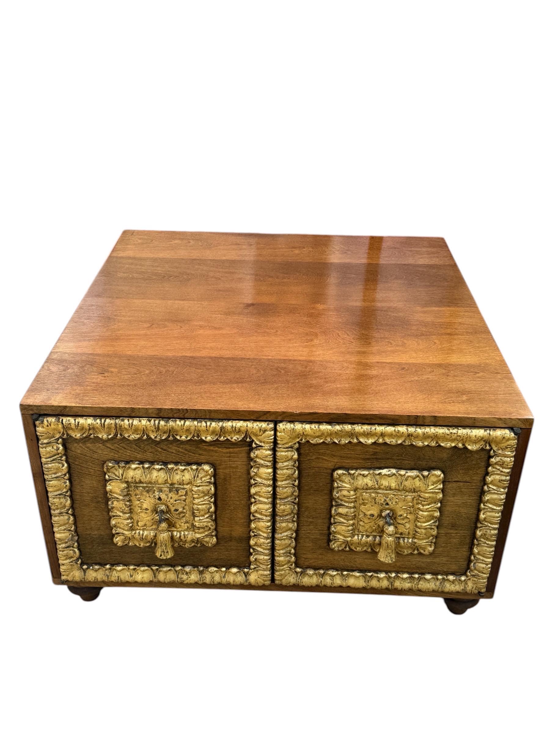 Hollywood Regency Walnut & Gilt Storage Coffee Table | Neoclassical Mid-Century Commode