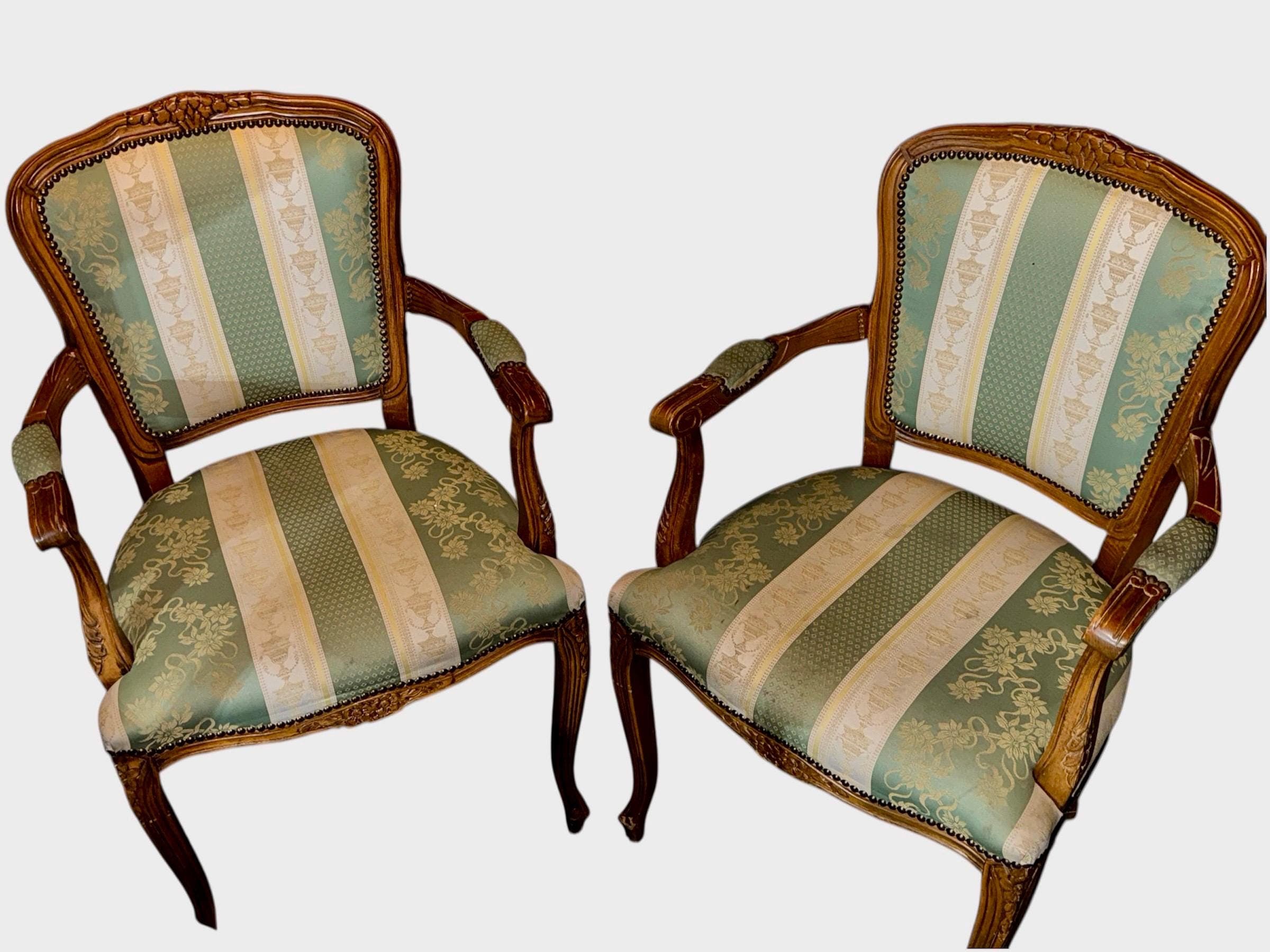 Pristine Pair of Vintage French Louis XV Fauteuil Armchairs in Sage & Cream Damask