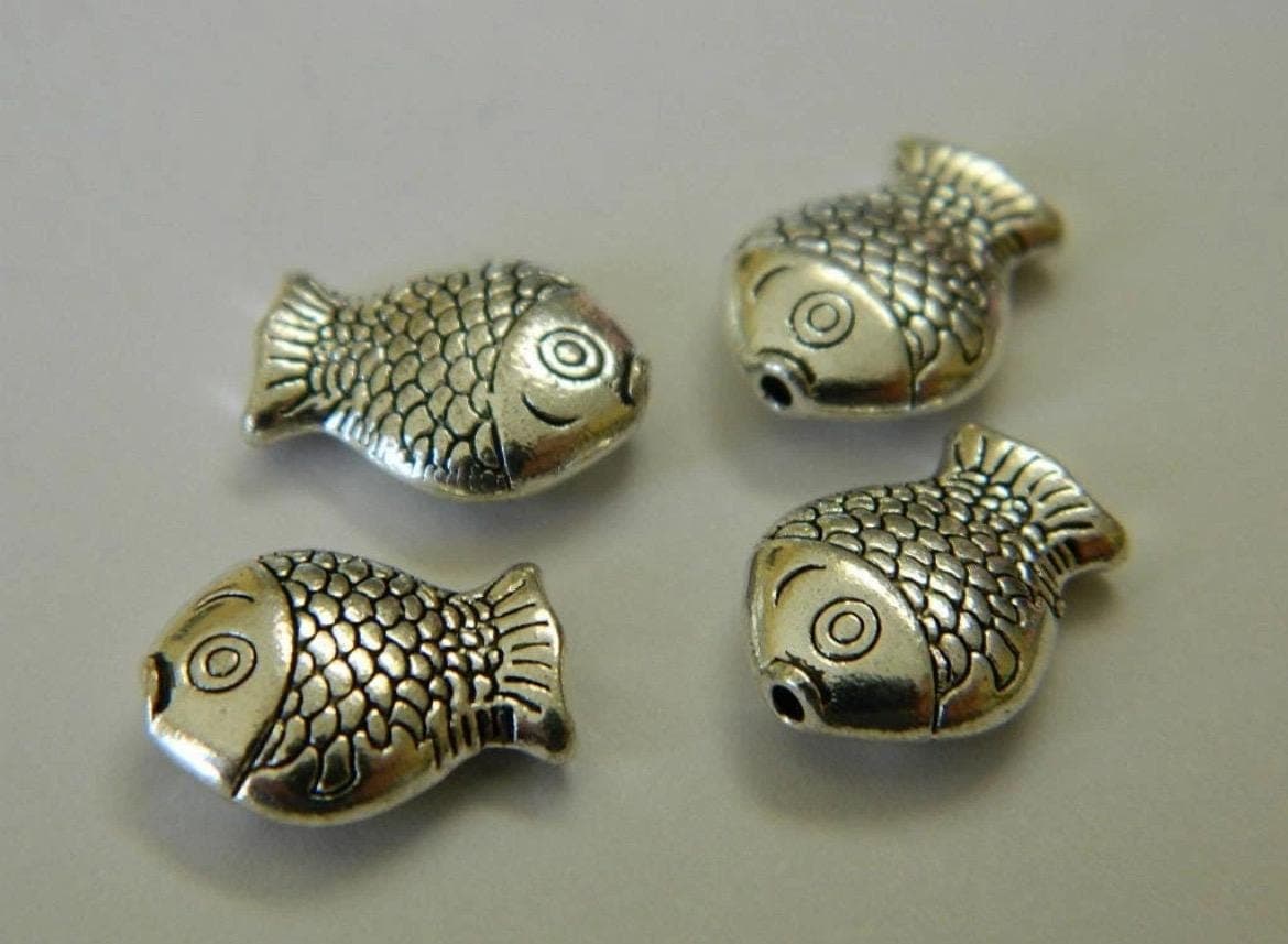 Antique Silver Tone Lucky Fish Beads, Tibetan Style Charms (10 per pack)
