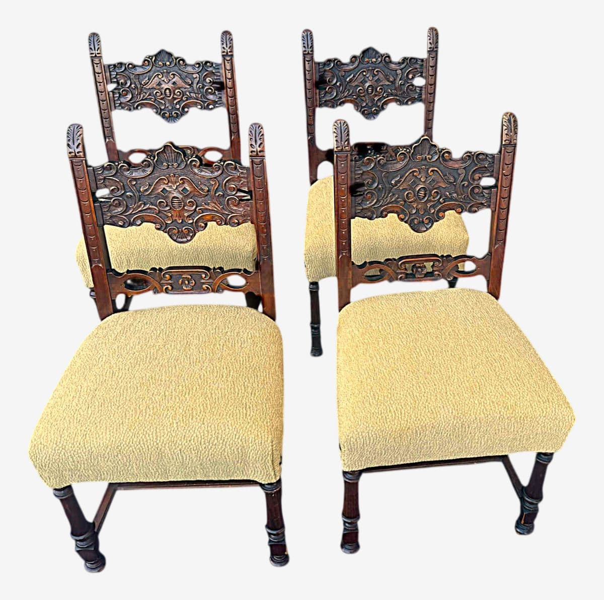 Baker Furniture Attributed 1920s Antique Carved Walnut Renaissance Revival Dining Chairs With New Kravet Seat Upholstery - Set of 4