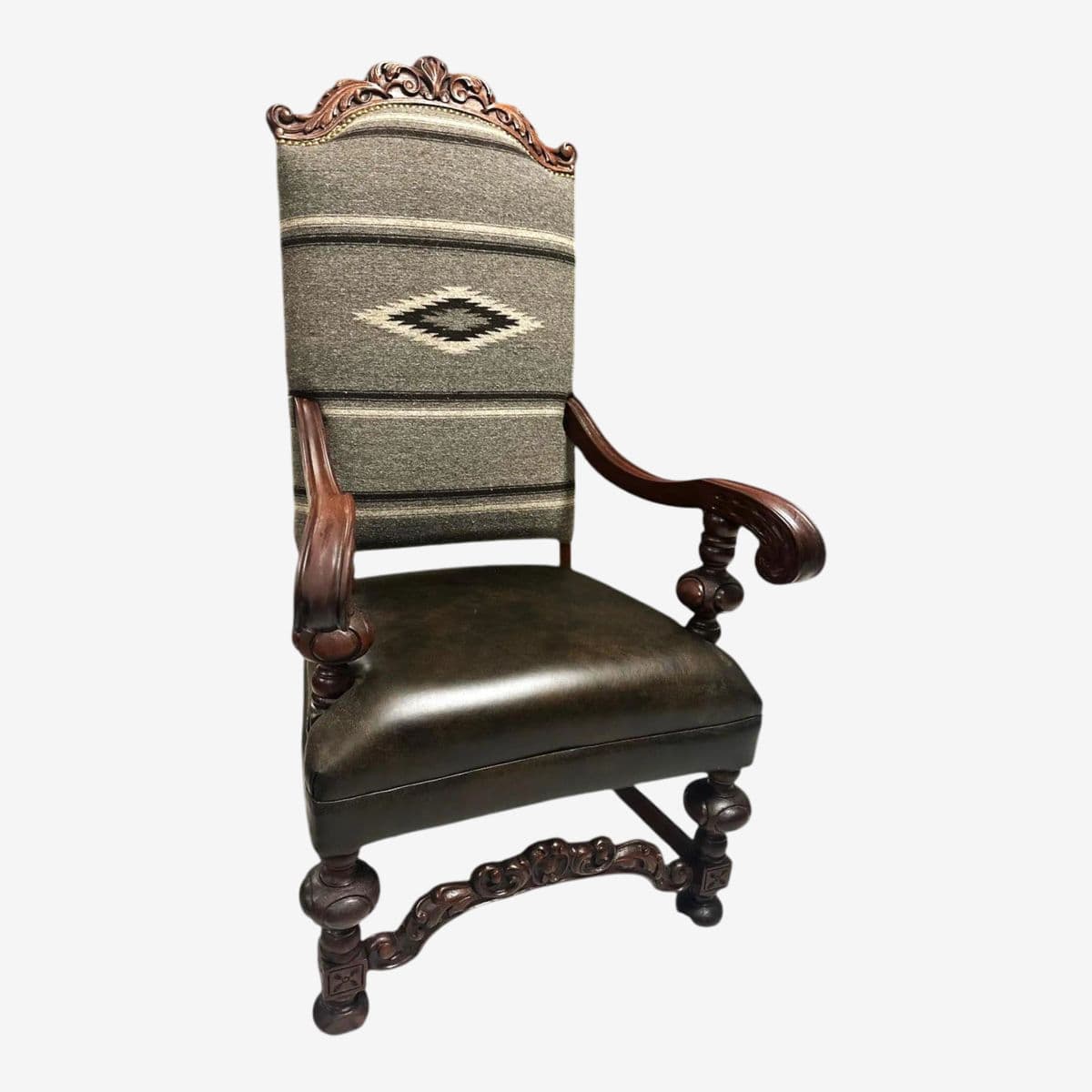 Antique Carved Hacienda Chair Upholstered With Oaxaca Wool Tapestry and Leather - Image 1