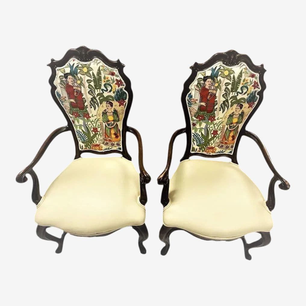 Pair of Vintage Karges Fauteuils With New Leather and 'Frida's Garden' Chintz Upholstery - Image 1