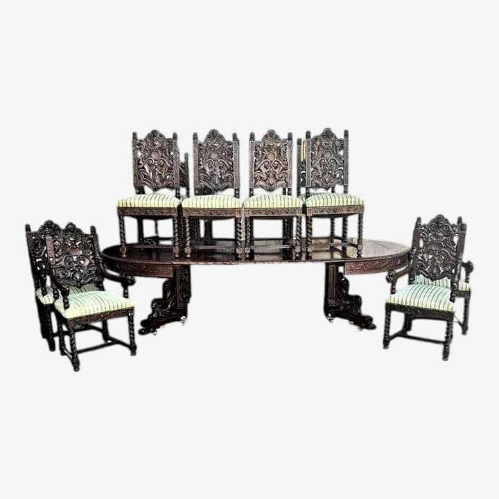 Monumental 10' X 5.5' Renaissance Revival French Walnut Banquet Table With 12 Chairs - Antique Circa Mid 19th Century - Image 1