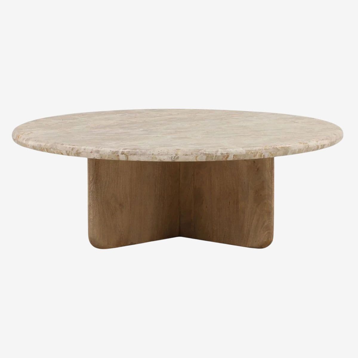 Beige Marble & Wood Round Coffee Table - Image 1