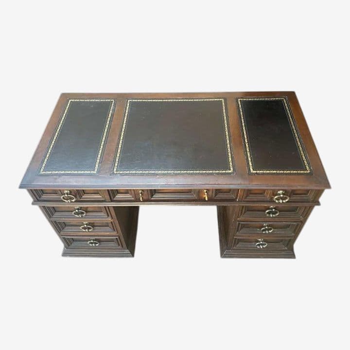 Solid Walnut Leather Topped Spanish Revival Coffered Desk - Vintage Mid 20th Century - Image 1