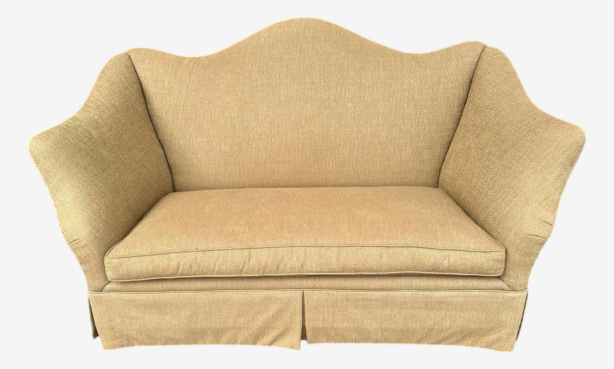 Baker Furniture Company Camelback Loveseat Upholstered in Gold Luxury Fabric - Vintage Early 21st Century
