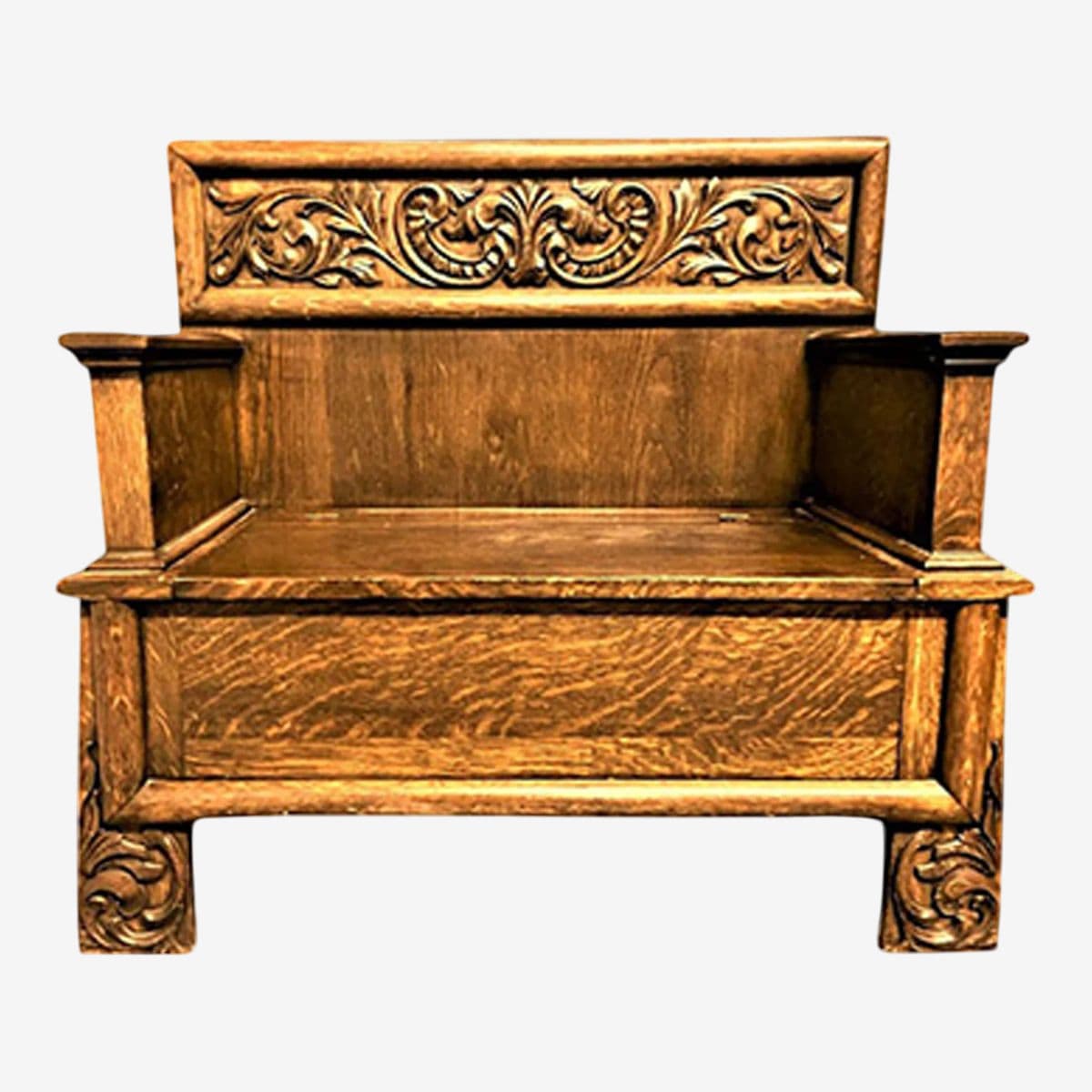 Antique William Morris Style English Arts & Crafts Movement Oak Carved High Back Monk's Bench - Image 1