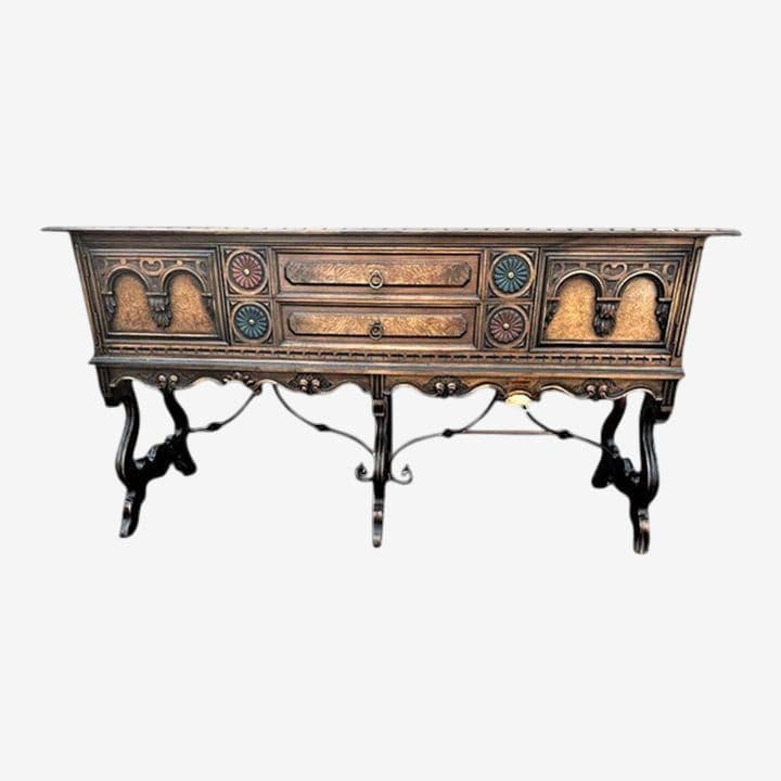 Antique Berkey & Gay Grand Rapids 72” ‘Span-Umbrian' Walnut, Burlwood and Polychrome Credenza or Buffet - Circa 1917 - Image 1