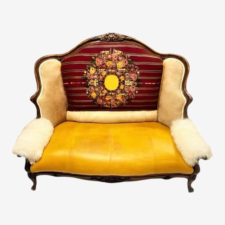 Late 19th Century French Settee With Guatemalan Hand Embroidery, Cowhide and Sheepskin - Image 1