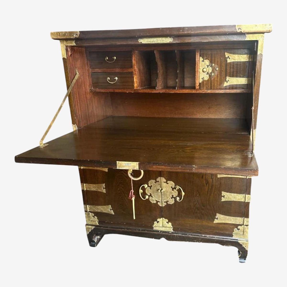 Korean Elmwood and Brass Campaign Style Secretary Desk - Vintage Late 20th Century - Image 1
