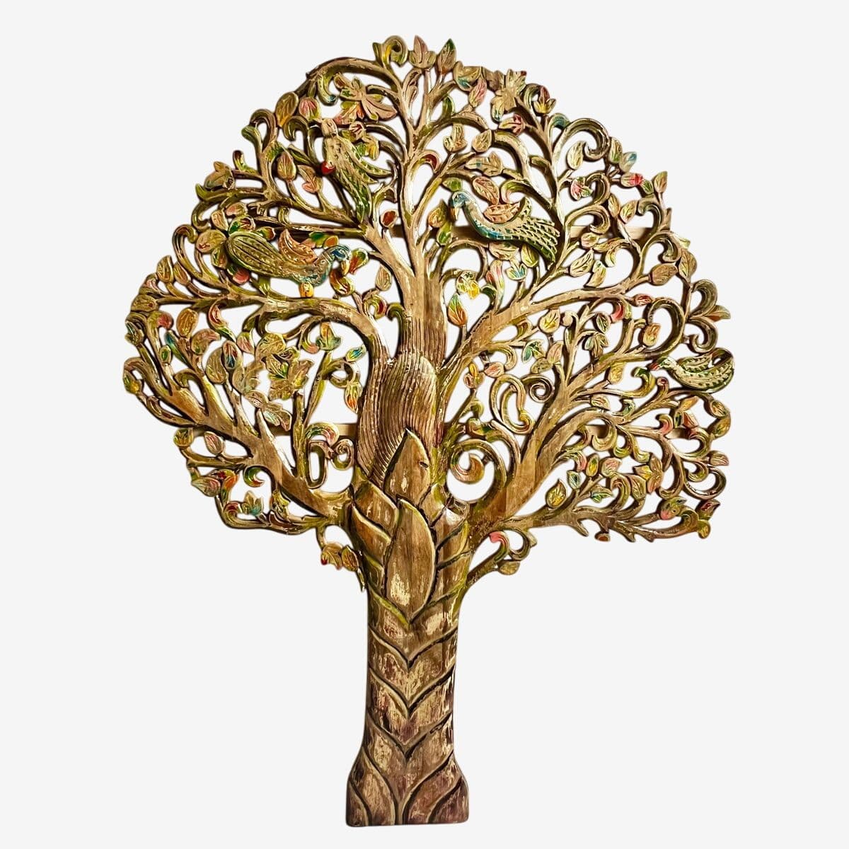 Good Luck Wood Carved Peacock Tree - Image 1