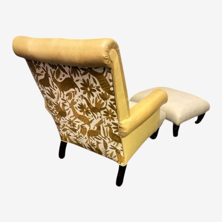 Ralph Lauren Home Vintage Chesterfield Chair and Ottoman Reupholstered With Otomi Hand Embroidery and Leather - Image 1