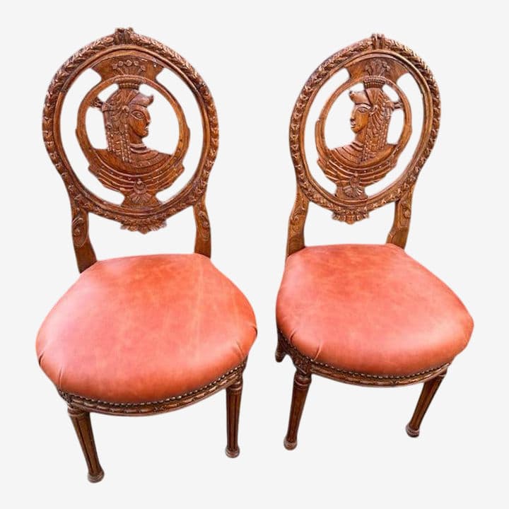Louis XVI Carved Oak French Accent Chairs With New Caramel Colored Leather Seats - a Pair - Image 1