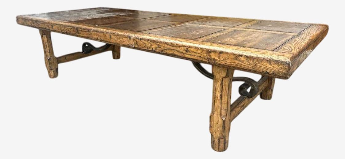 Late 20th Century Monumental Spanish Rustic Style Solid Oak Refectory Table With Heavy Iron Cursive Stretchers - Image 1