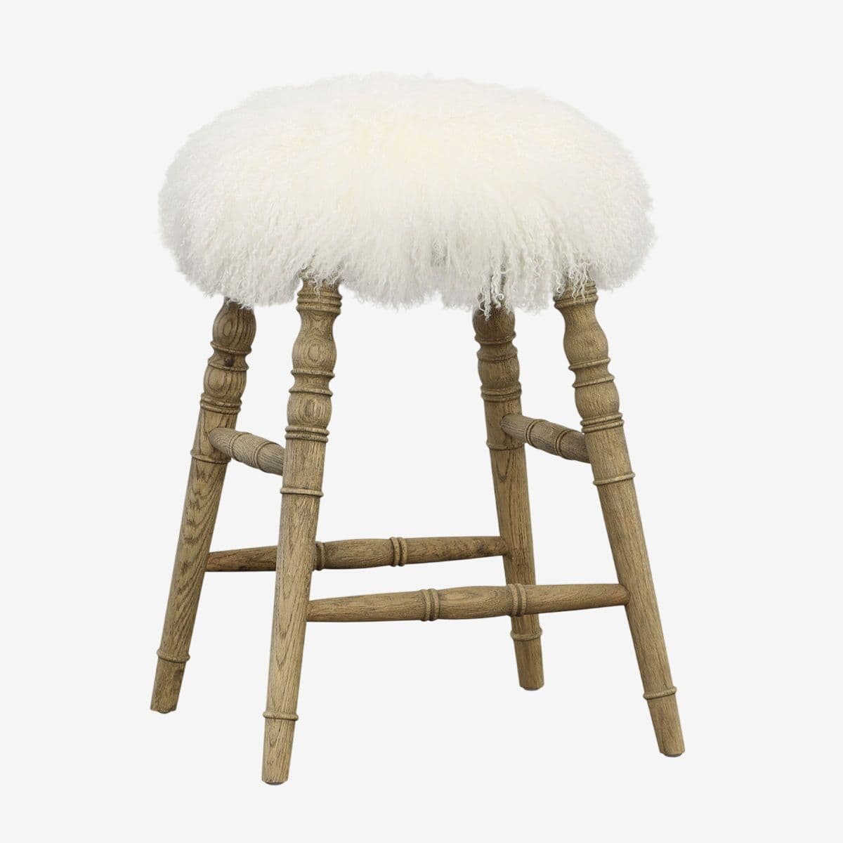 White Mohair & Oak Counter Stool - Image 1