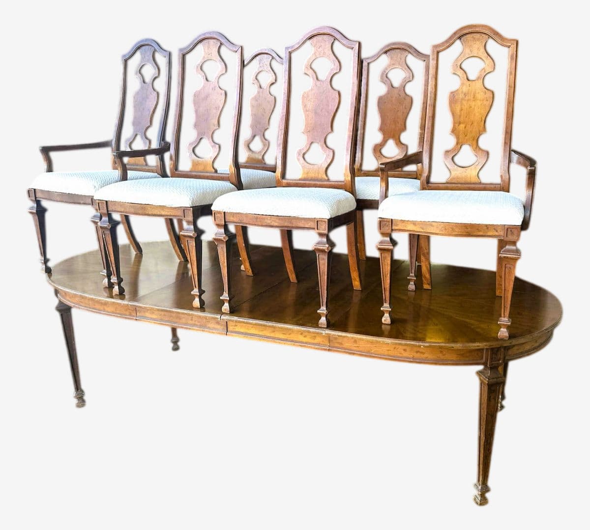 Drexel ‘Livorno’ Italian Neoclassical Pecan Wood Dining Table - 102” Fully Extended and 6 Chairs - Made in 1968