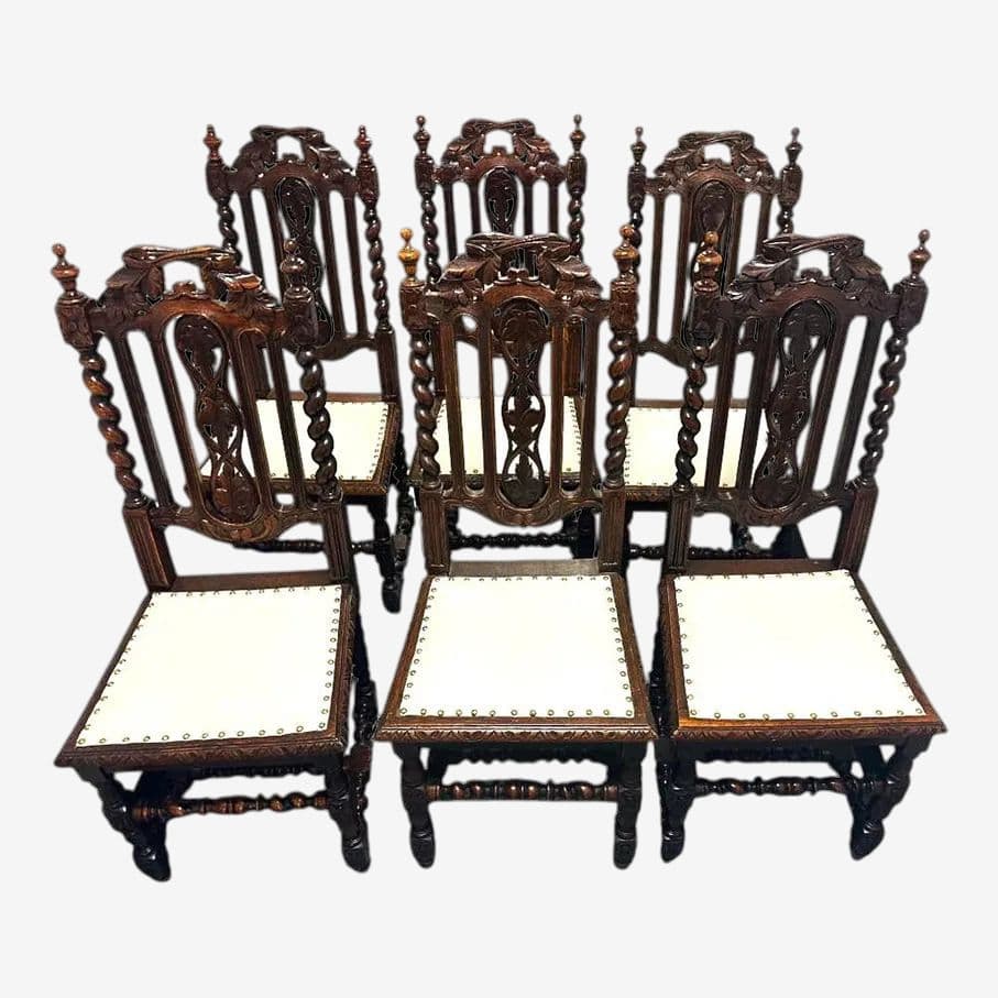 19th Century French Antique Carved Oak Dining Chairs With New Seat Upholstery - Set of 6 - Image 1