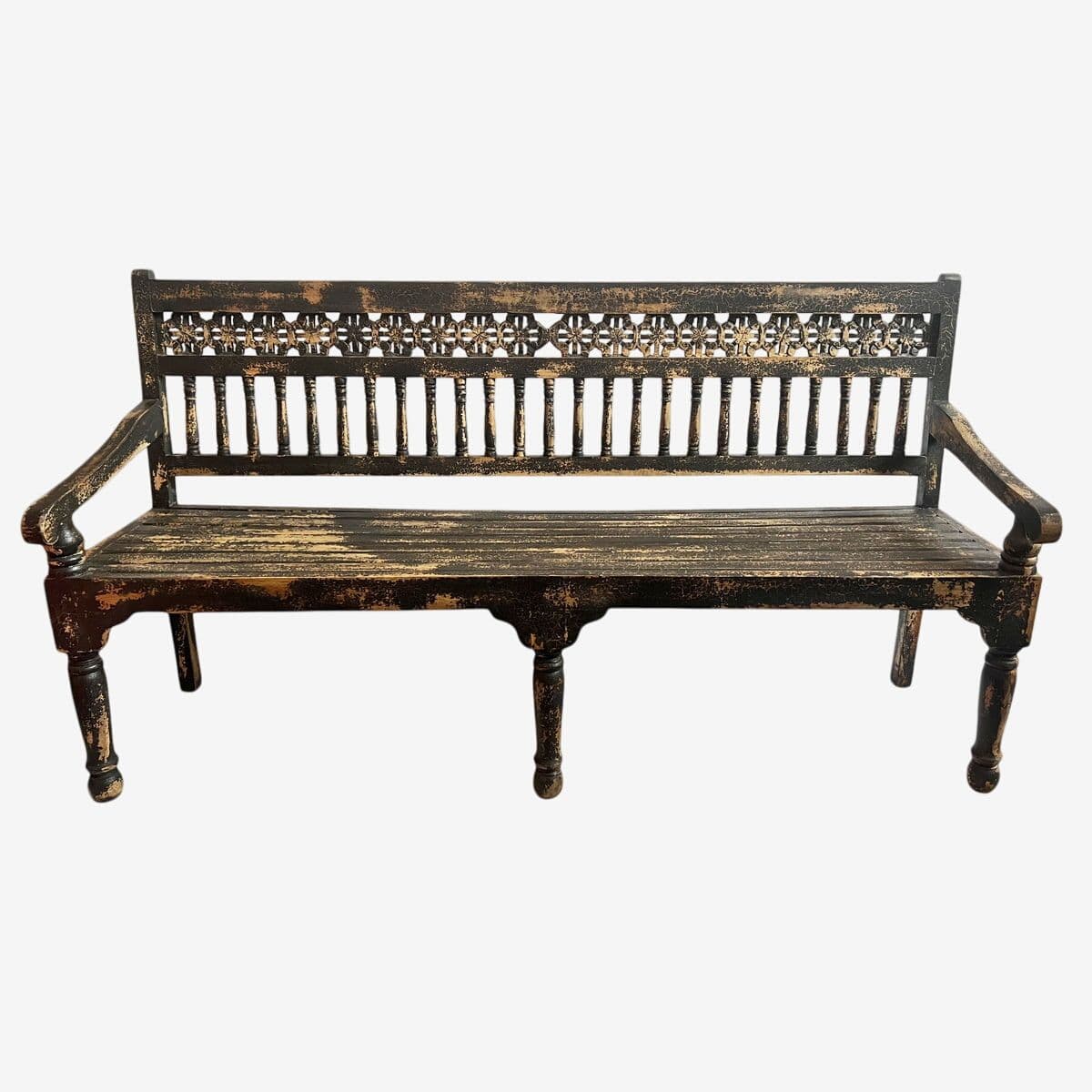 Vintage Colonial Black Crackle Bench - Image 1