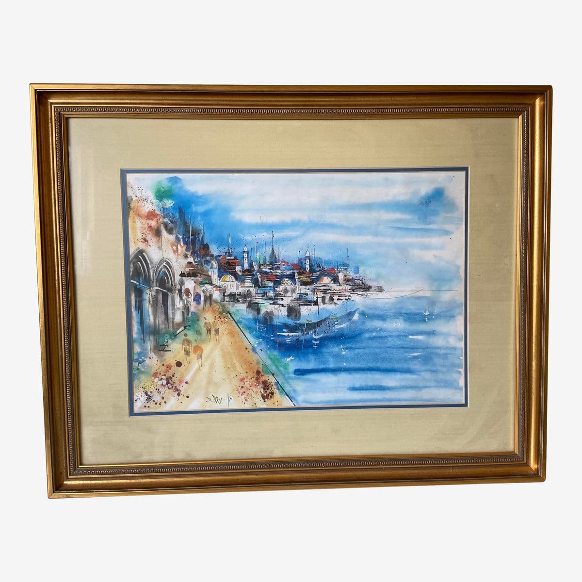 Vintage City and Seaside Watercolor Framed Original Signed Painting - Image 1