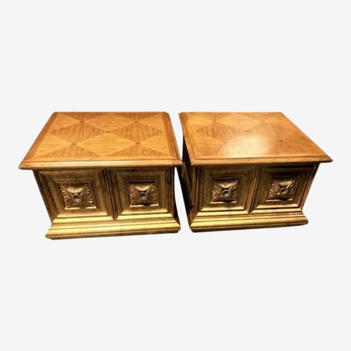 Late 20th Century Hollywood Regency Giltwood and Oak Parquet 30" X 30" Side Tables - a Pair - Image 1