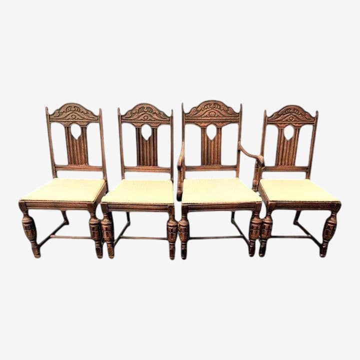 Antique Spanish Revival Early 20th Century Solid Oak Dining Chairs With New Kravet Fabric - Set of 4 - Image 1