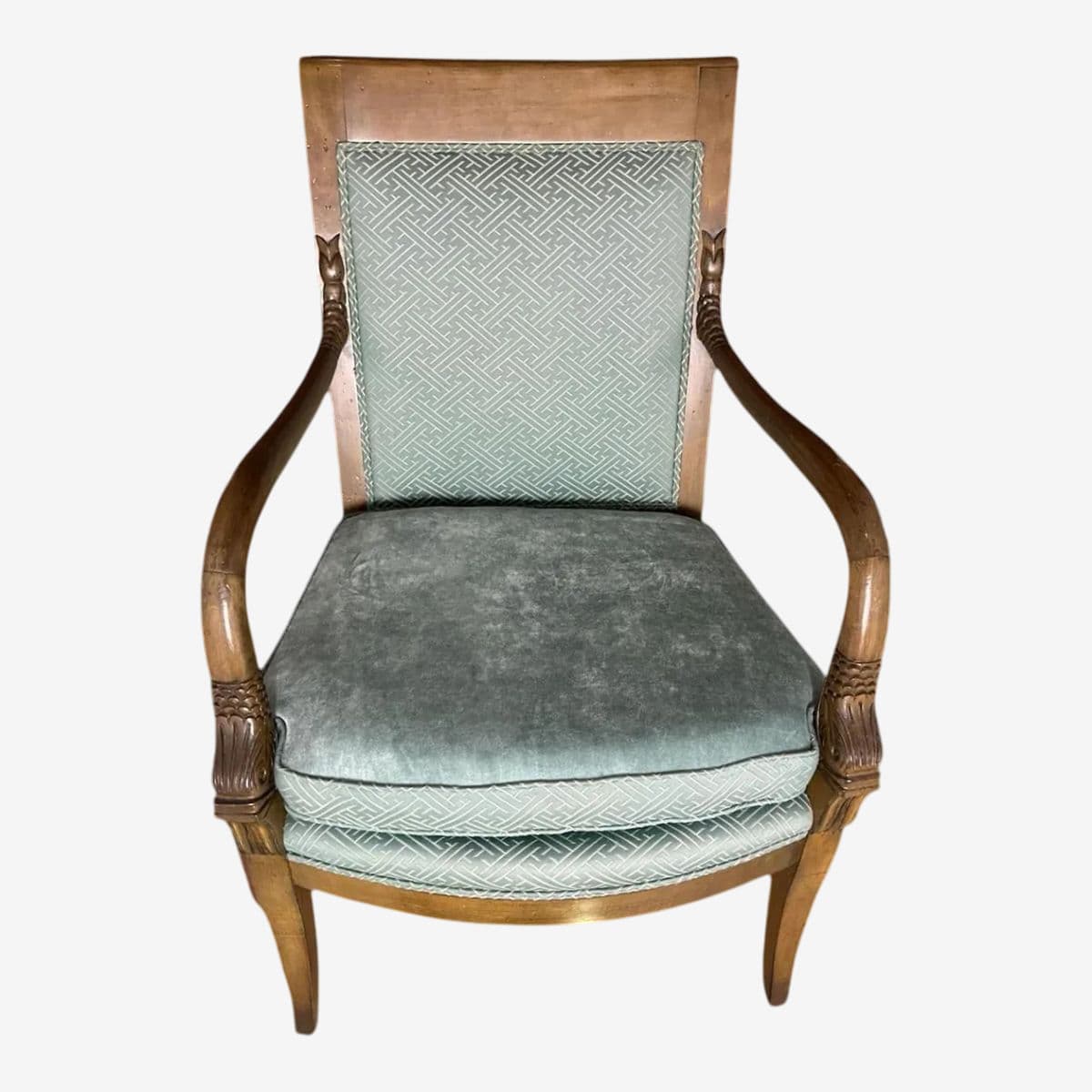 Baker Furniture Empire Style Carved Walnut Chair With Celadon Greek Key and Velvet Upholstery - Circa 1940s - Image 1