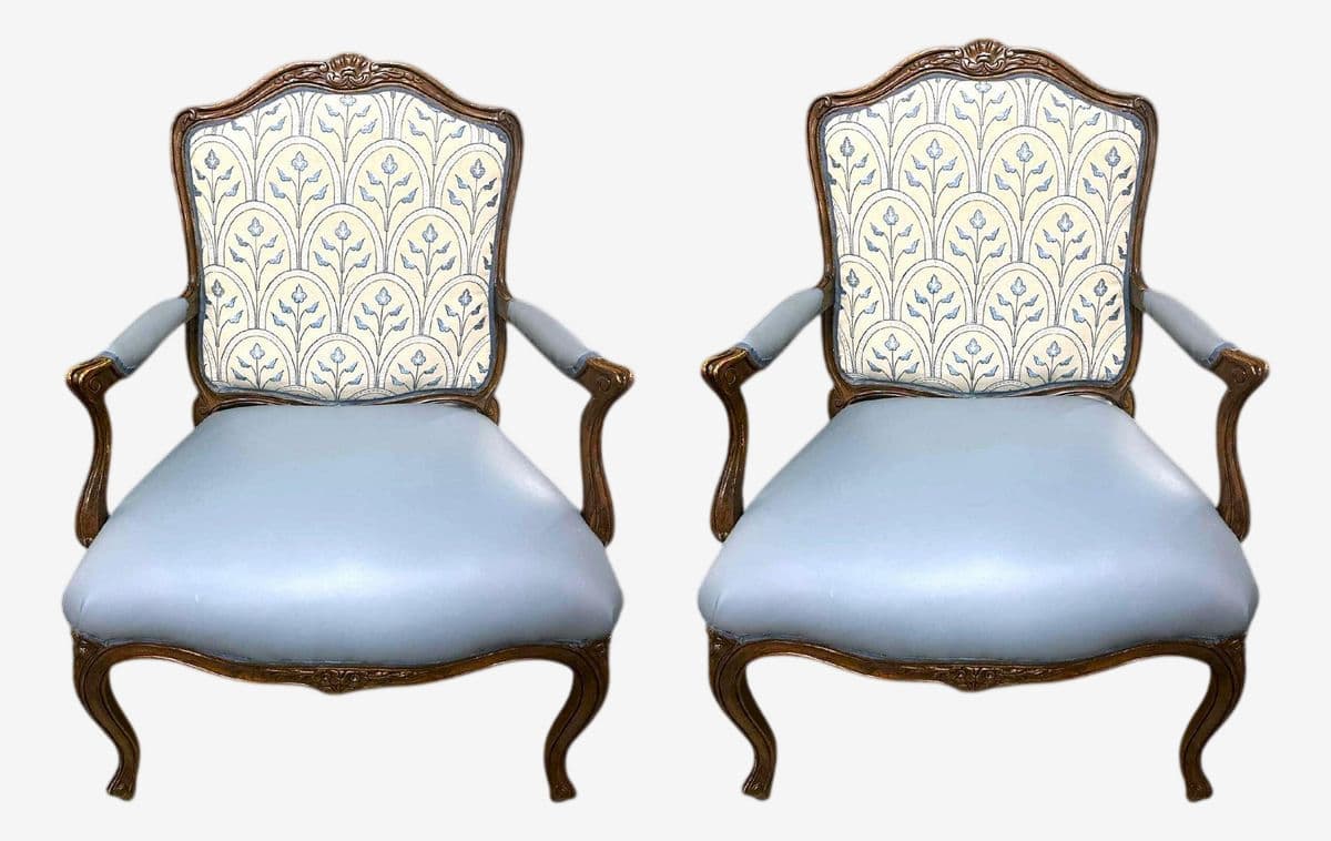 Mid 20th Century Schoonbeck of Grand Rapids Louis XV Oak Fauteuils With New Leather and Embroidery Upholstery - A Pair