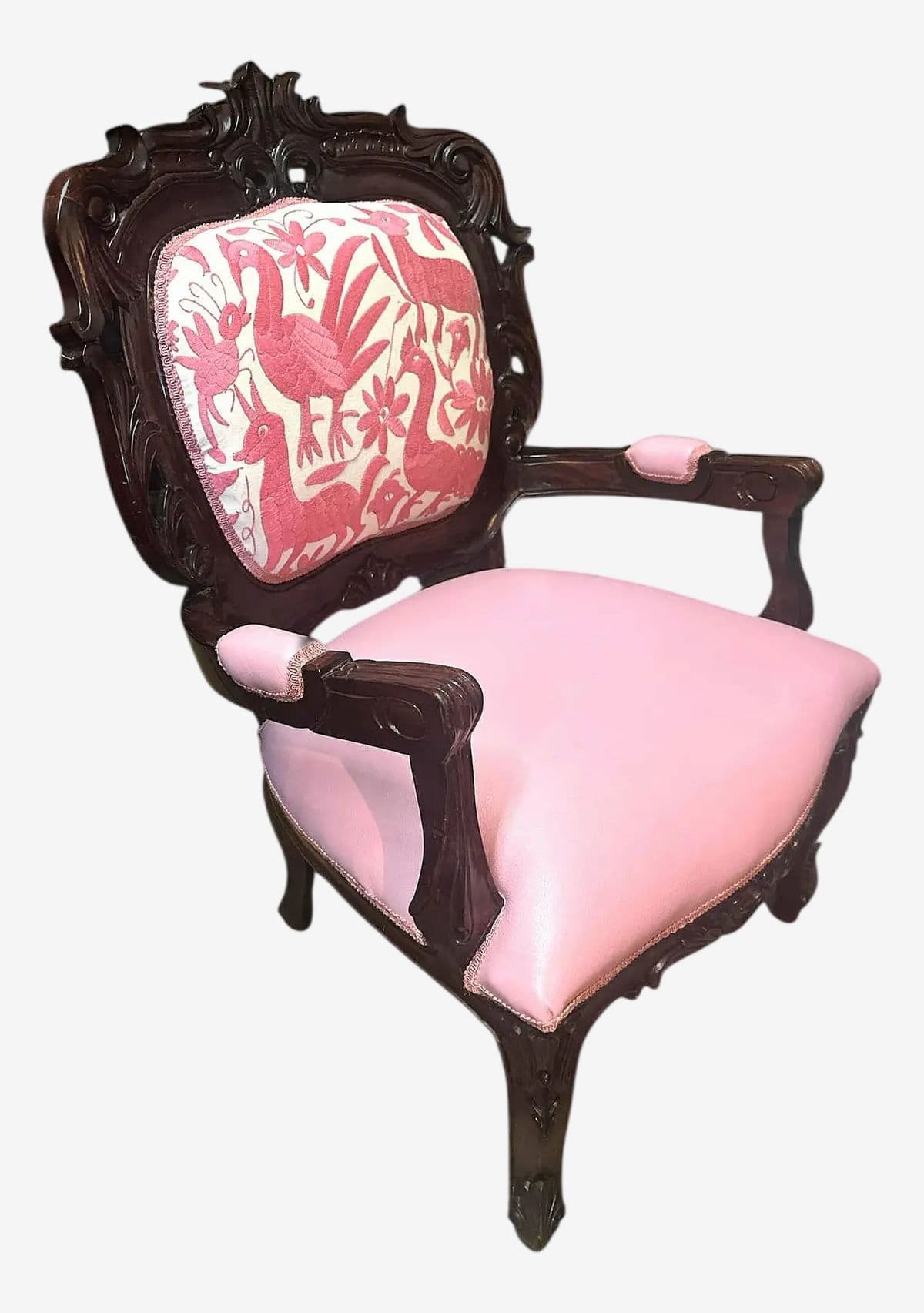 ‘Empress Carlota’ Mahogany Fauteuil - Circa 1860s With New Leather and Otomi Hand Embroidery Upholstery