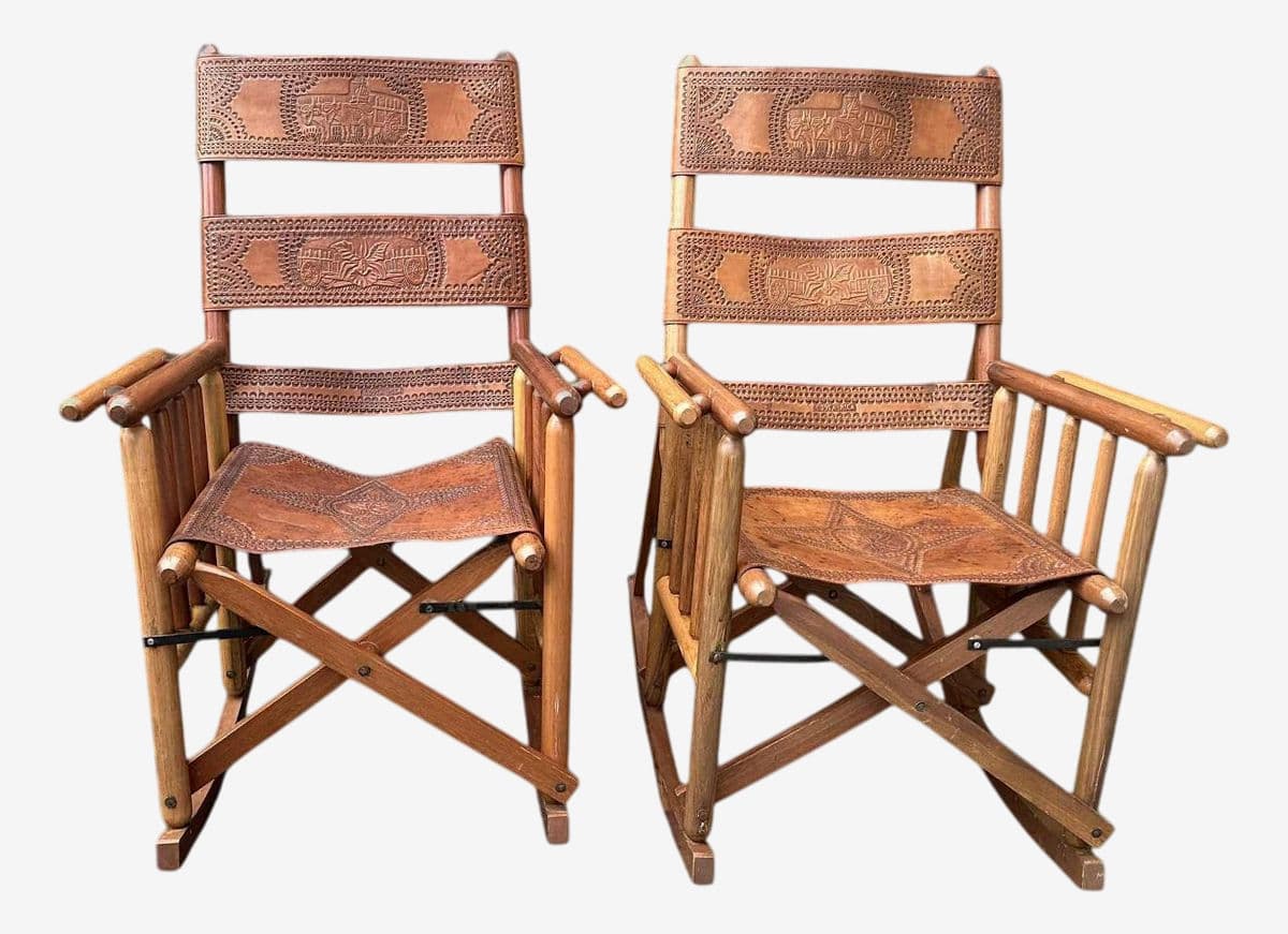 Late 20th Century Costa Rican Vintage Teak and Embossed Leather Folding Rocking Chairs - A Pair - Image 1