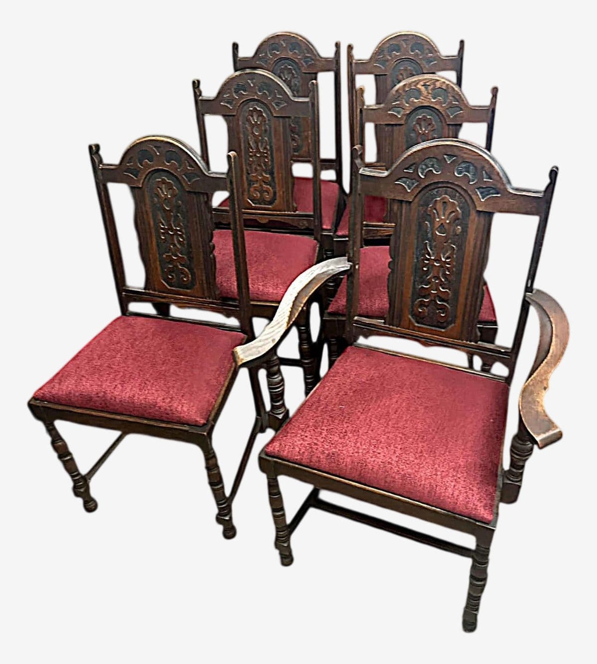 Antique 1920s Spanish Revival Oak Dining Chairs With New Burgundy Seat Upholstery - Set of 6
