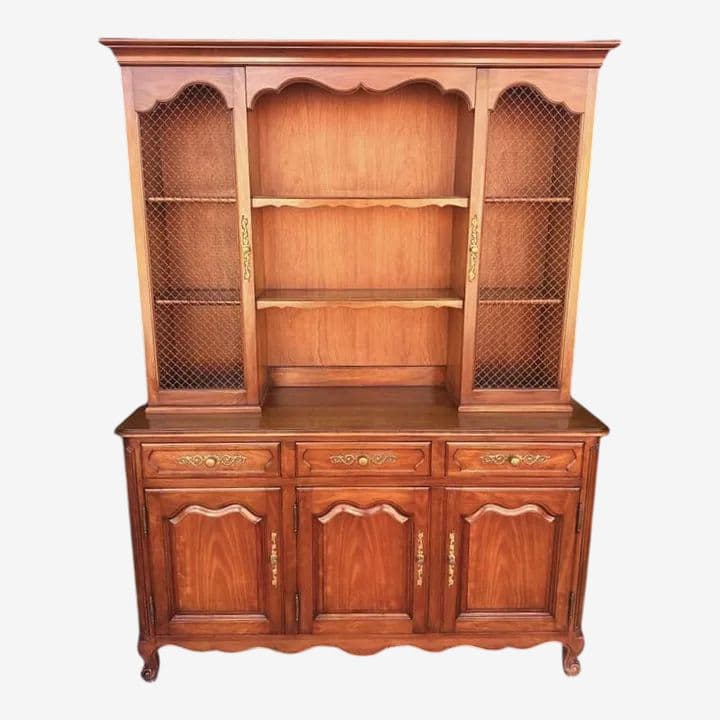 Kindel Grand Rapids Large Belvedere Solid Cherry Wood Louis XV French Provincial Style China Cabinet - Vintage 1950s